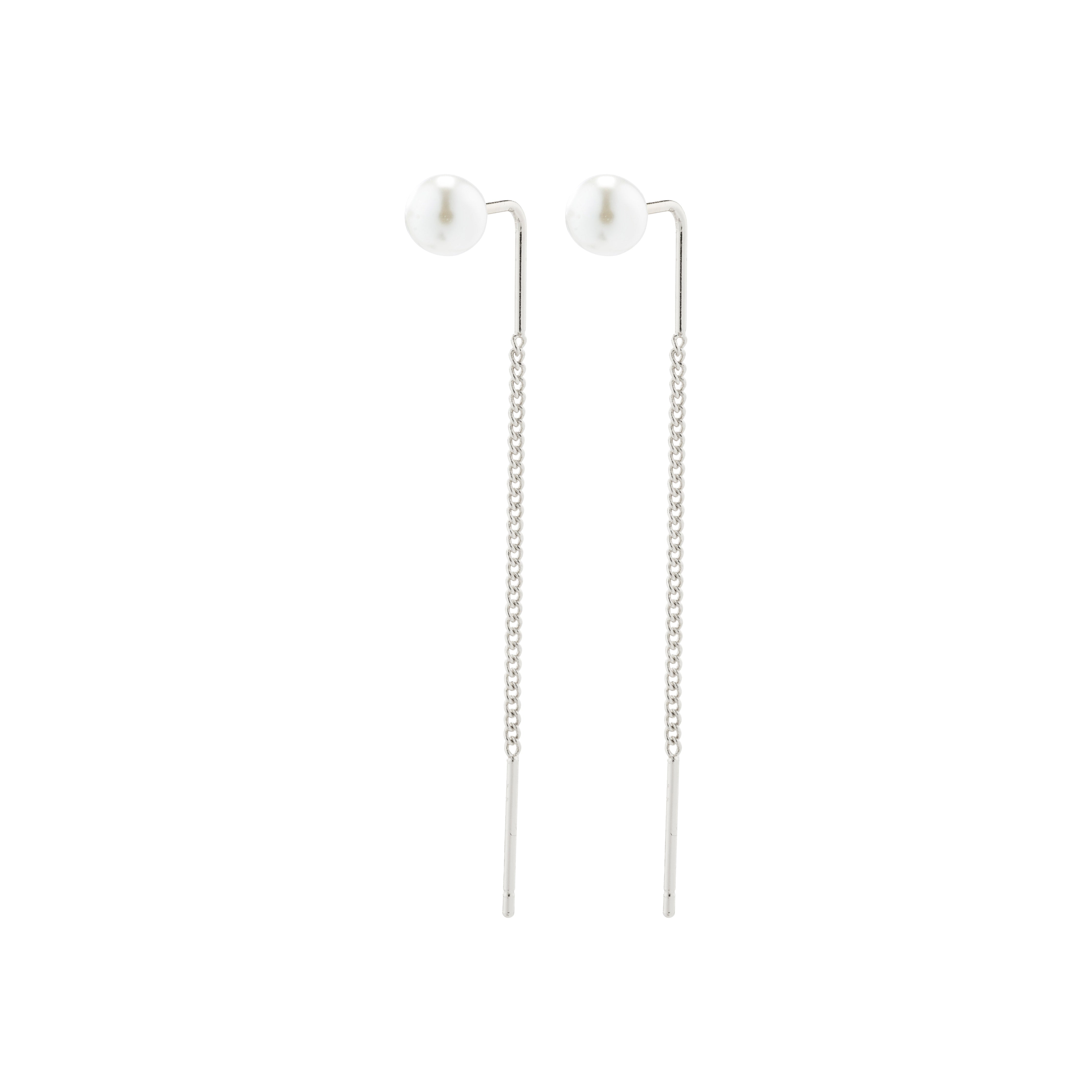 ELBA long chain pearl earrings, featuring silver-plated chains and classic white pearls, offering a modern twist on timeless elegance.