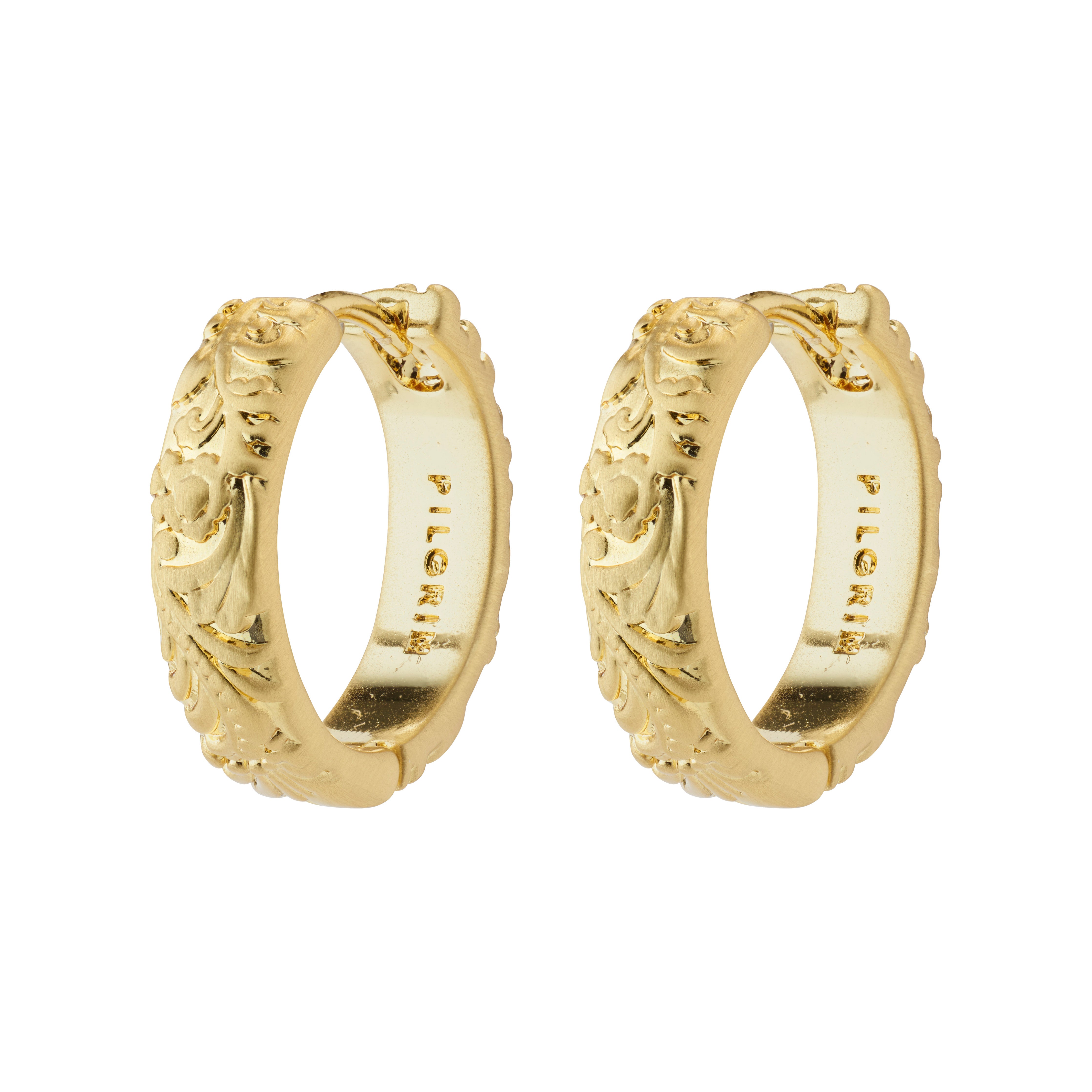 ELFRIDA gold-plated hoop earrings feature nature-inspired carvings of flowers, leaves, and branches, with a satin-matte finish and easy click locks.