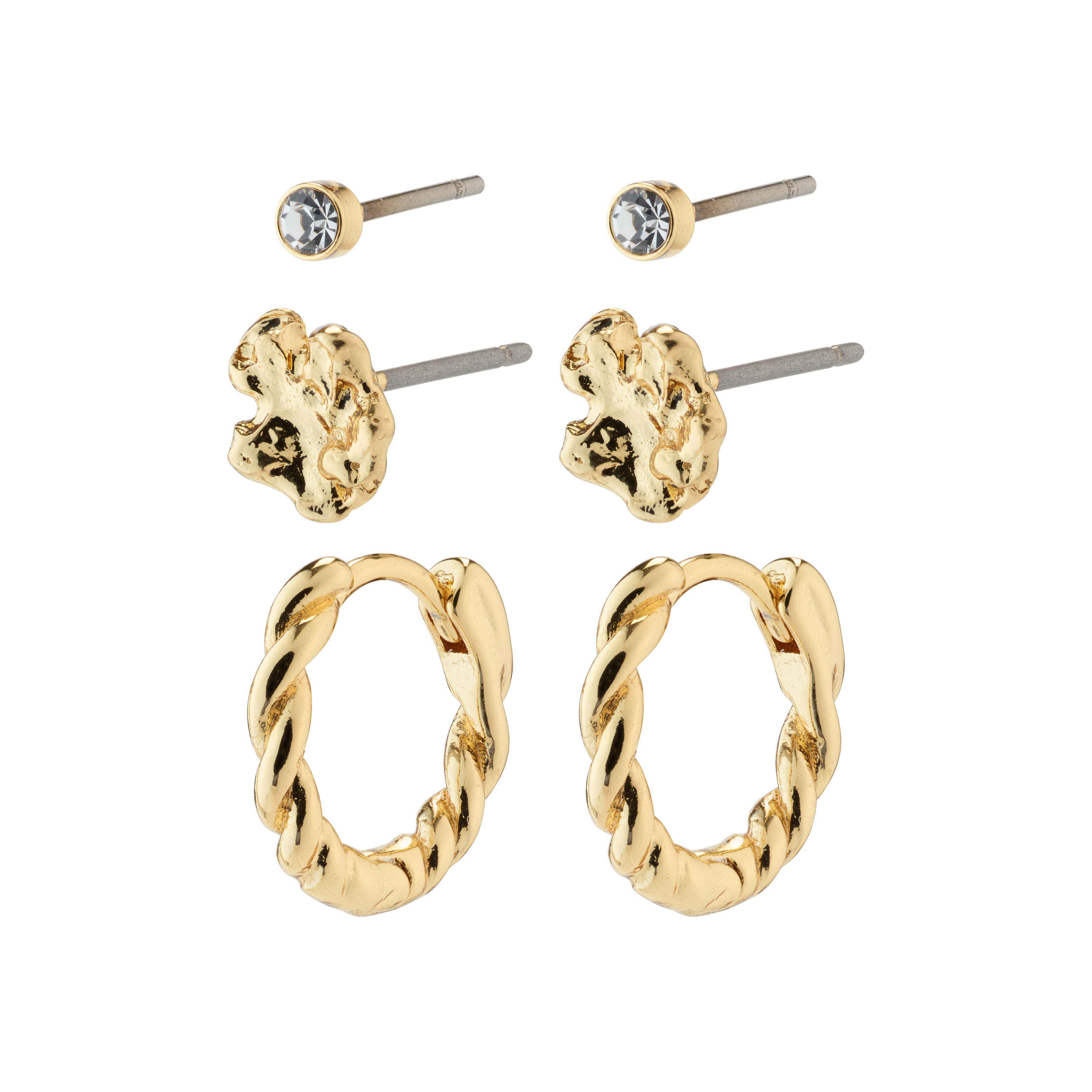 EMANUELLE earrings 3-in-1 set gold-plated, showcasing crystal studs, handcrafted gold-plated earrings, and twirly huggie hoops for versatile, stylish wear.