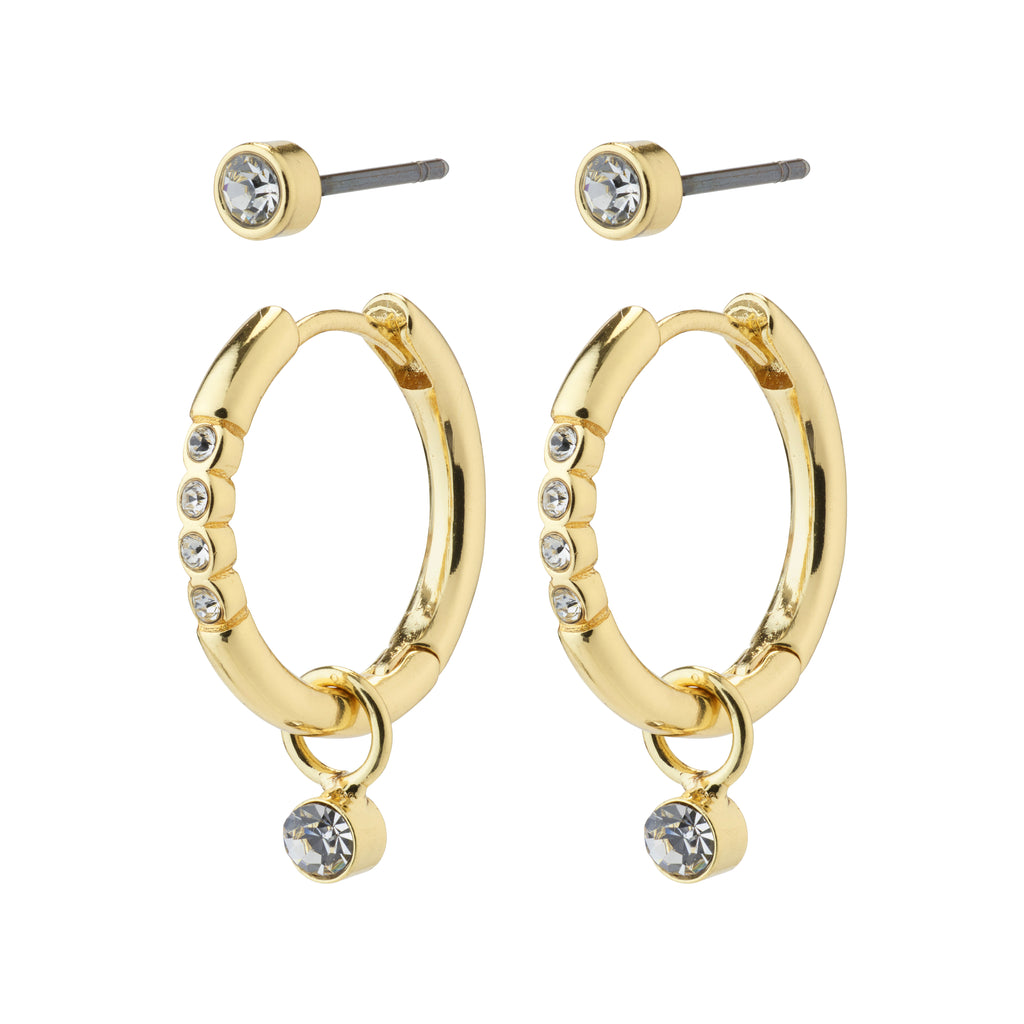 ELNA crystal earrings 2-in-1 set gold-plated featuring gold hoops with diamond accents, versatile for personalized styling.