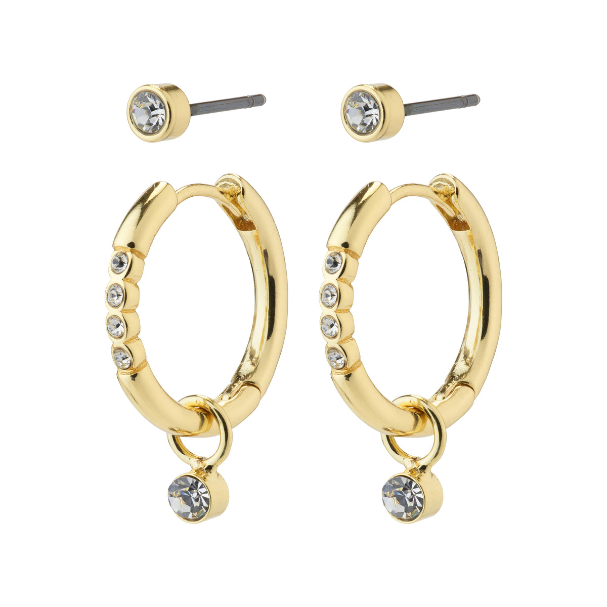 ELNA crystal earrings 2-in-1 set gold-plated featuring gold hoops with diamond accents, versatile for personalized styling.
