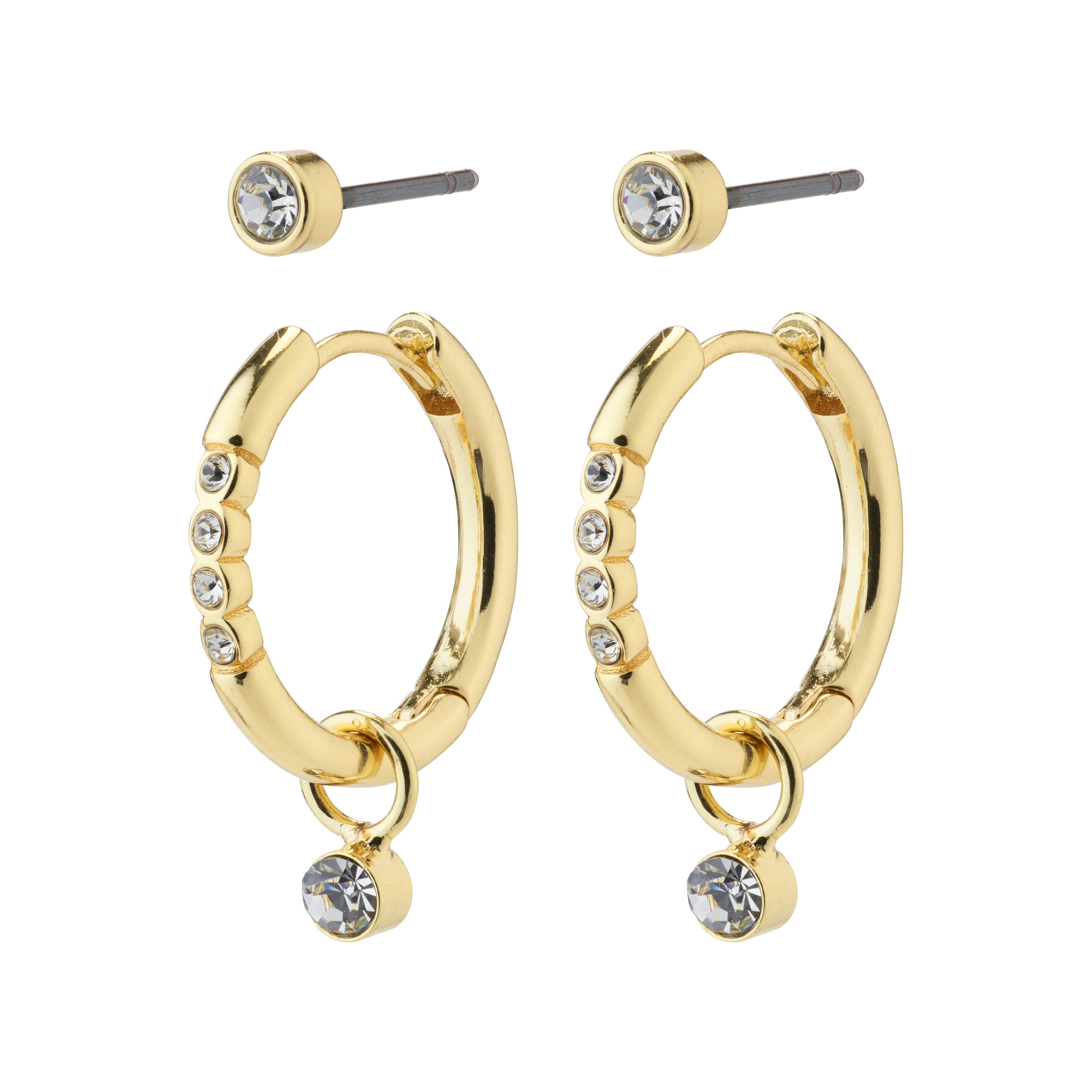 ELNA crystal earrings 2-in-1 set gold-plated featuring gold hoops with diamond accents, versatile for personalized styling.