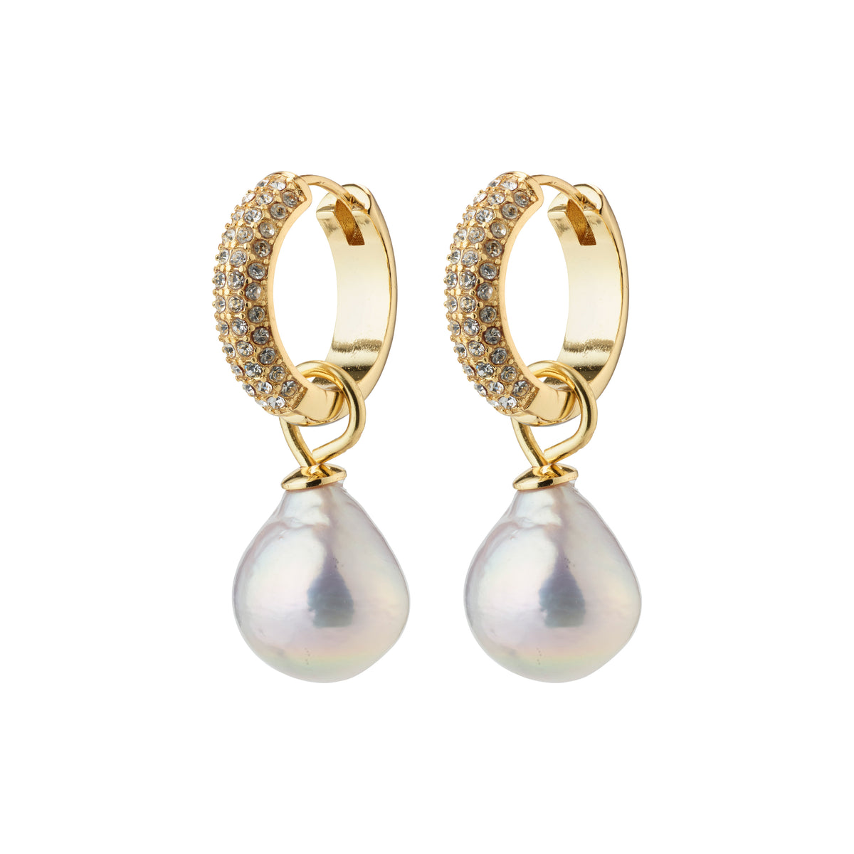 EDELE pearl earrings gold-plated, featuring chunky hoops with Preciosa crystals and detachable pearl pendants, offering versatile elegance for various outfits and occasions.