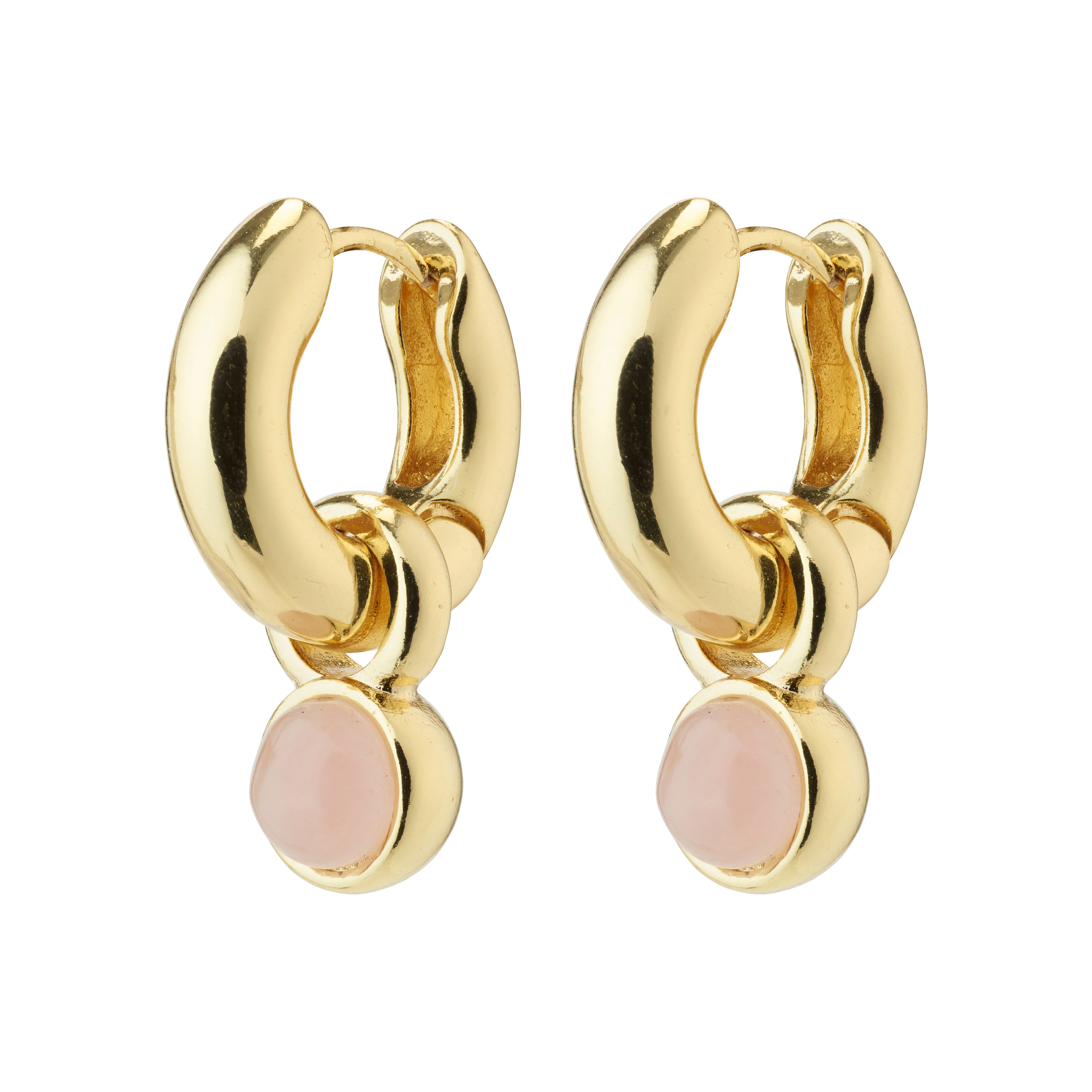 EVAH rosa hoop earrings, gold-plated with rose quartz pendants, featuring a click lock design and made from 95% recycled materials for stylish, positive energy.