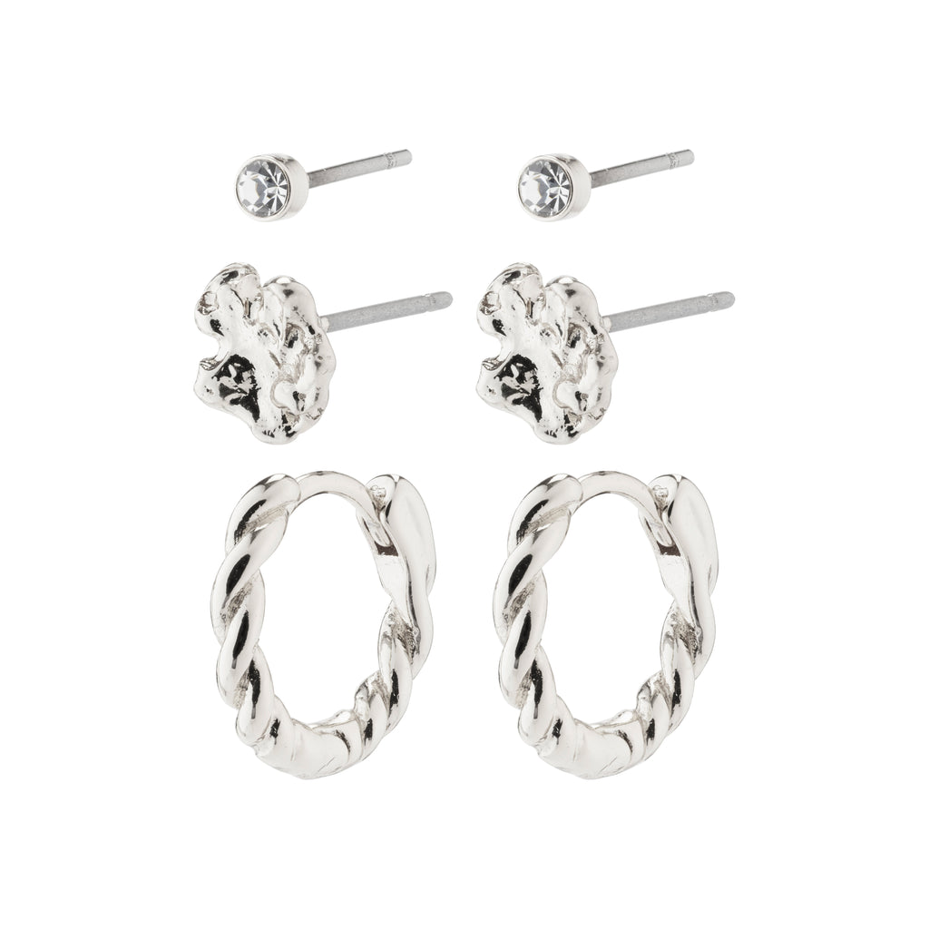 EMANUELLE earrings 3-in-1 set silver-plated, featuring crystal micro studs, organic ear studs, and classic huggie hoops, crafted from 86% recycled material for a personalized style.