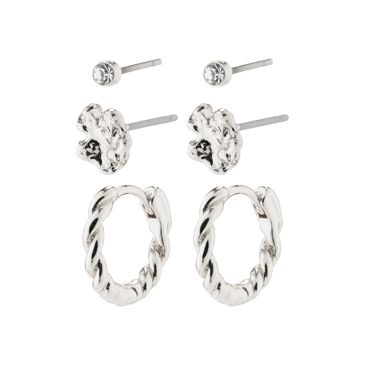 EMANUELLE earrings 3-in-1 set silver-plated, featuring crystal micro studs, organic ear studs, and classic huggie hoops, crafted from 86% recycled material for a personalized style.