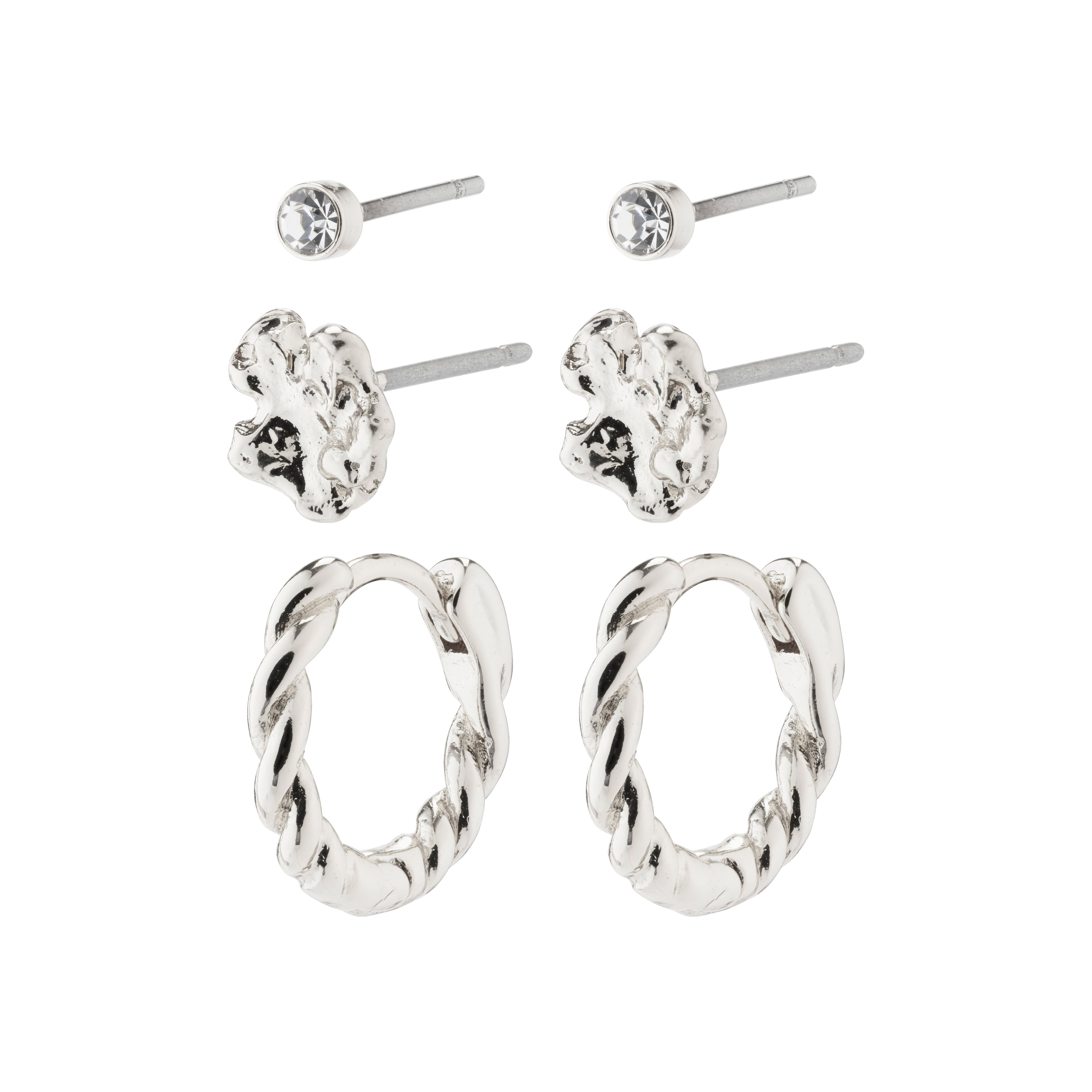 EMANUELLE earrings 3-in-1 set silver-plated, featuring crystal micro studs, organic ear studs, and classic huggie hoops, crafted from 86% recycled material for a personalized style.