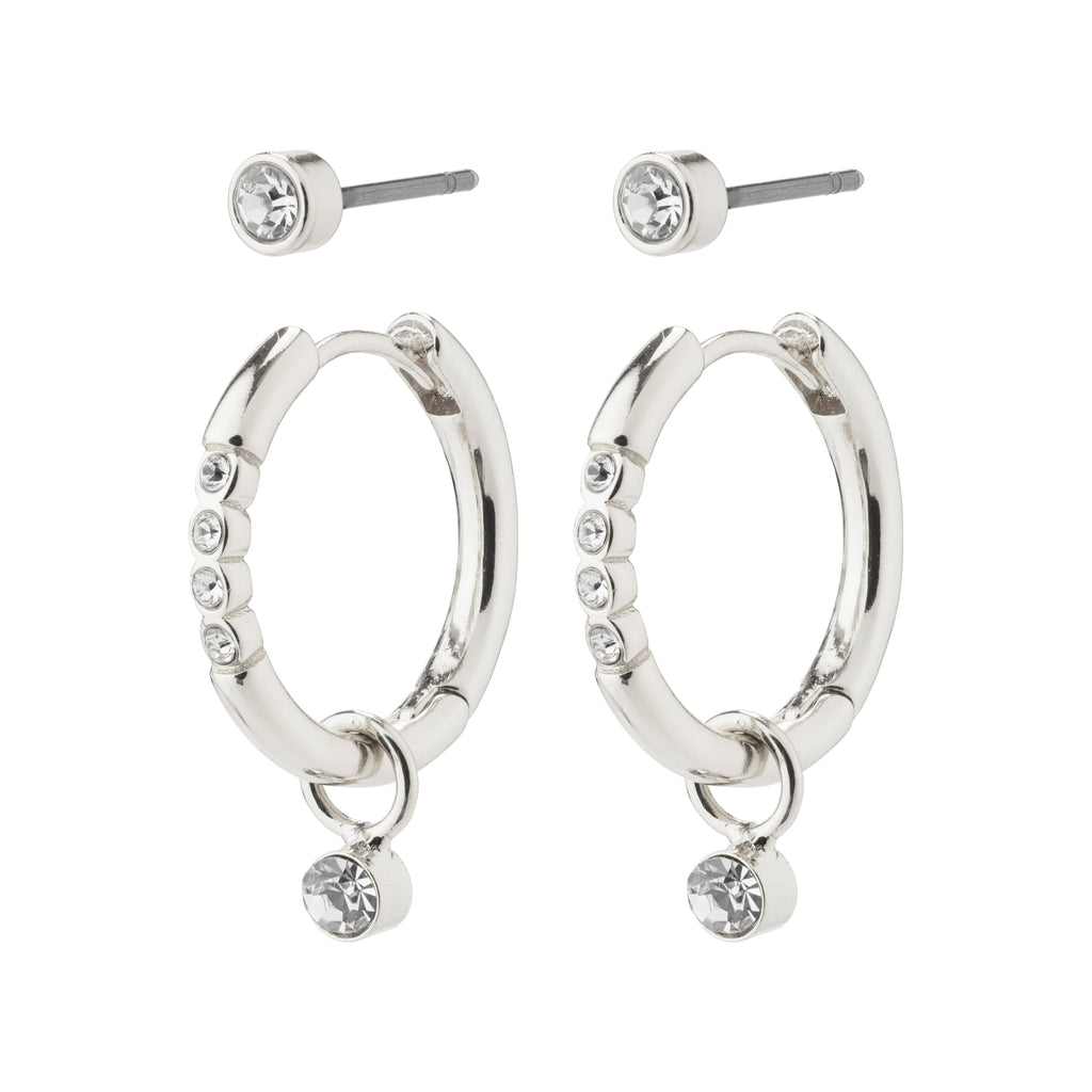 ELNA crystal earrings 2-in-1 set, featuring silver-plated ear studs and crystal-adorned hoops, made from 95% recycled materials for versatile, eco-friendly style.
