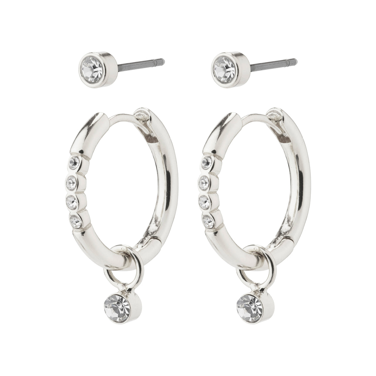ELNA crystal earrings 2-in-1 set, featuring silver-plated ear studs and crystal-adorned hoops, made from 95% recycled materials for versatile, eco-friendly style.