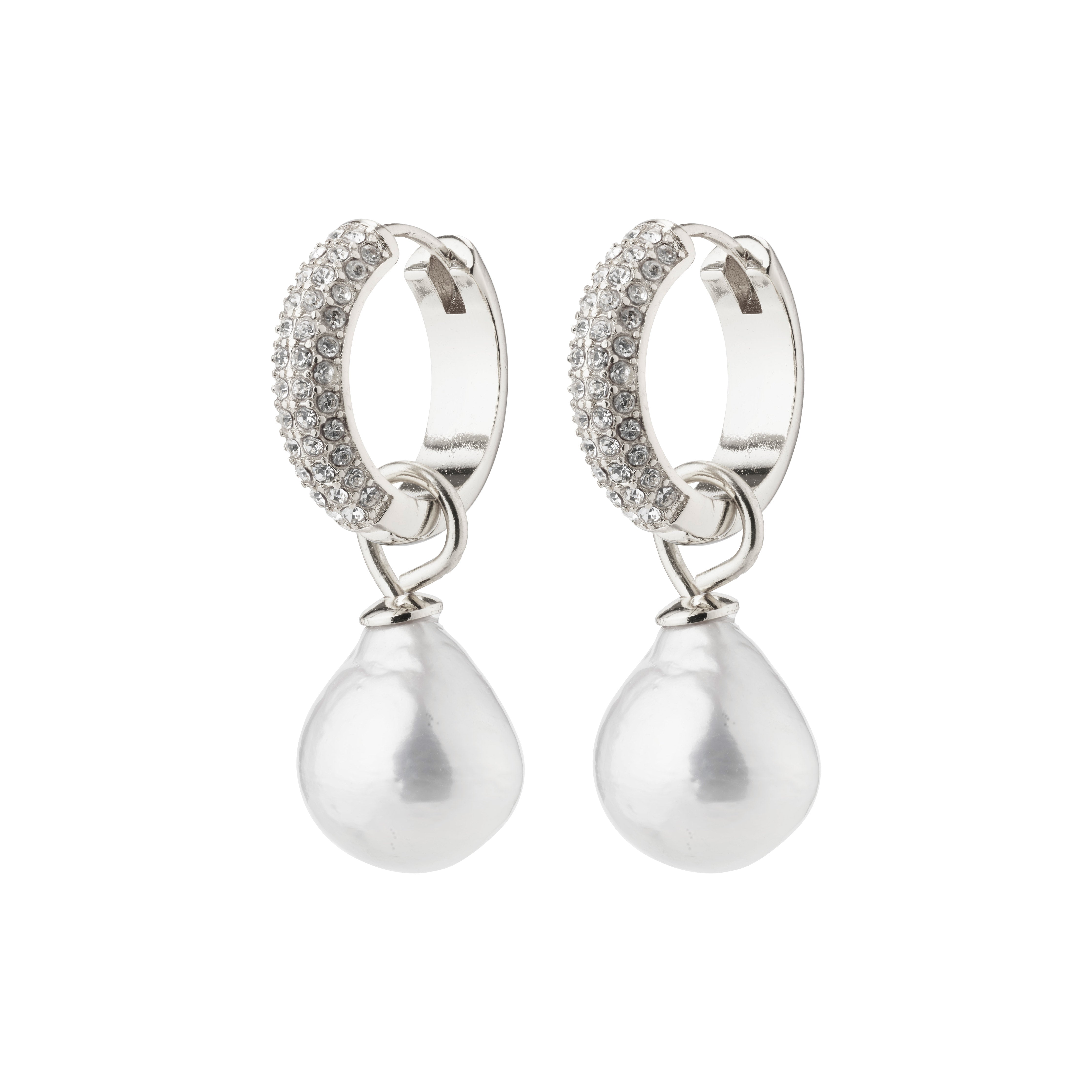 EDELE pearl earrings, silver-plated hoops adorned with Preciosa crystals and detachable pearl pendants, perfect for elevating your party ensemble.