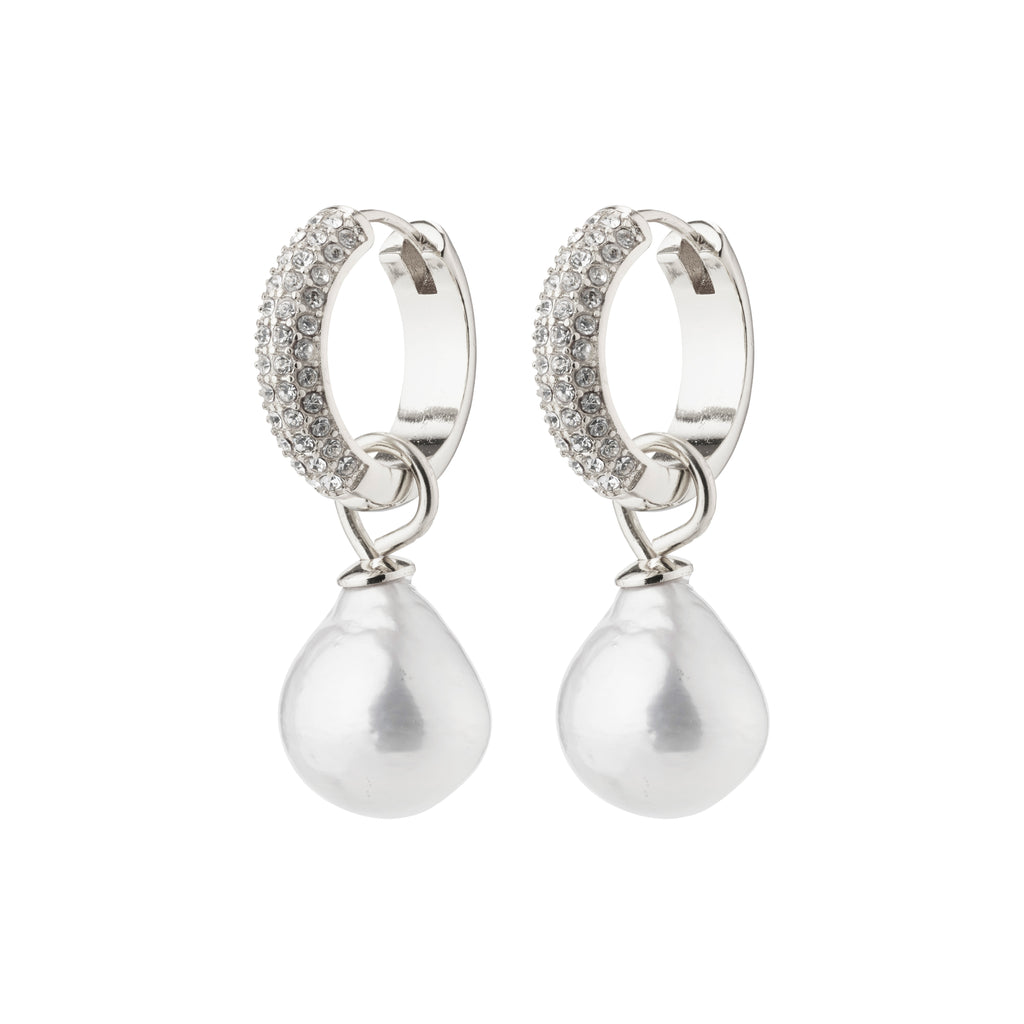 EDELE pearl earrings, silver-plated hoops adorned with Preciosa crystals and detachable pearl pendants, perfect for elevating your party ensemble.