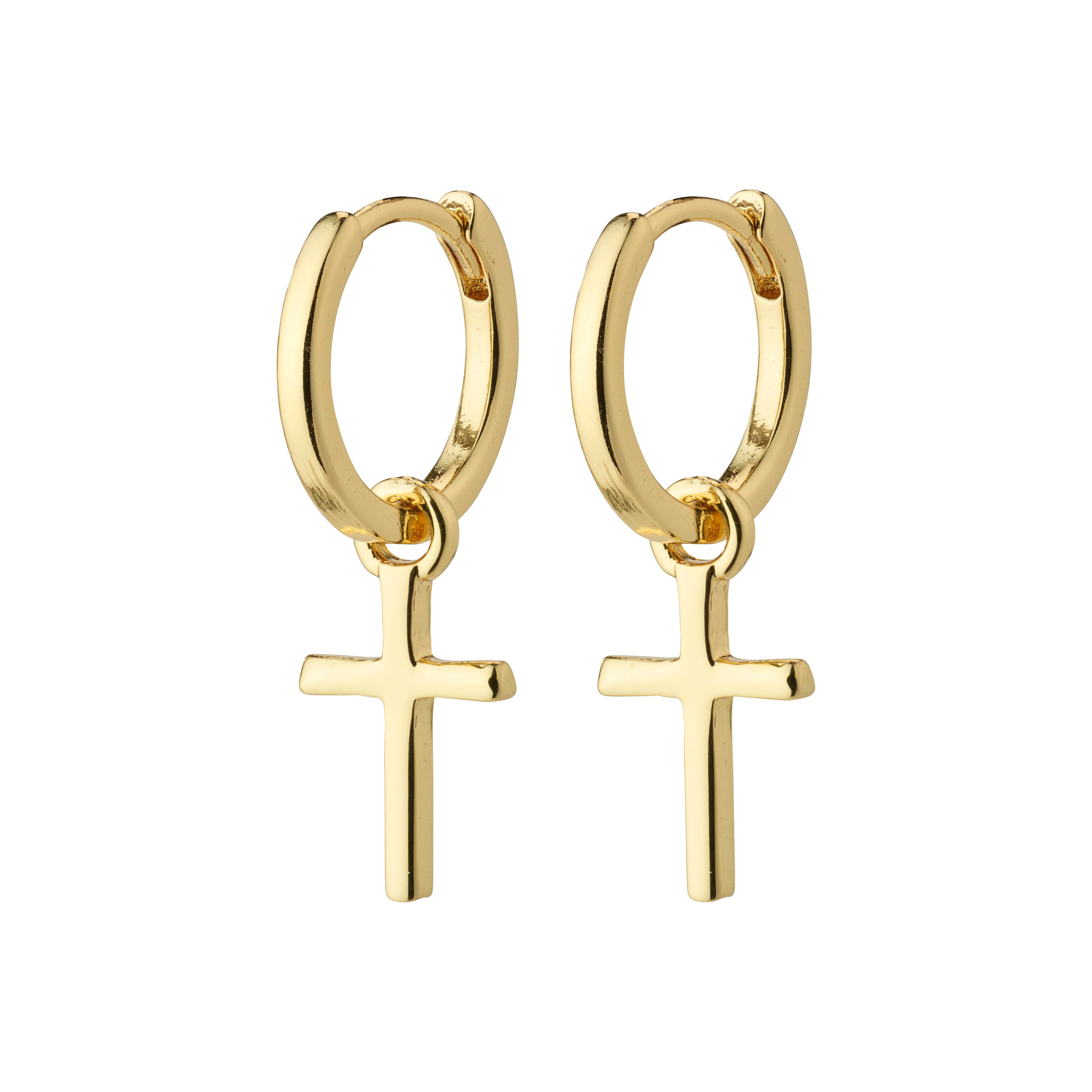 DAISY cross hoops gold-plated earrings featuring simple huggie hoops with removable cross pendants, crafted from 99% recycled material, showcasing Pilgrim's sustainable style.