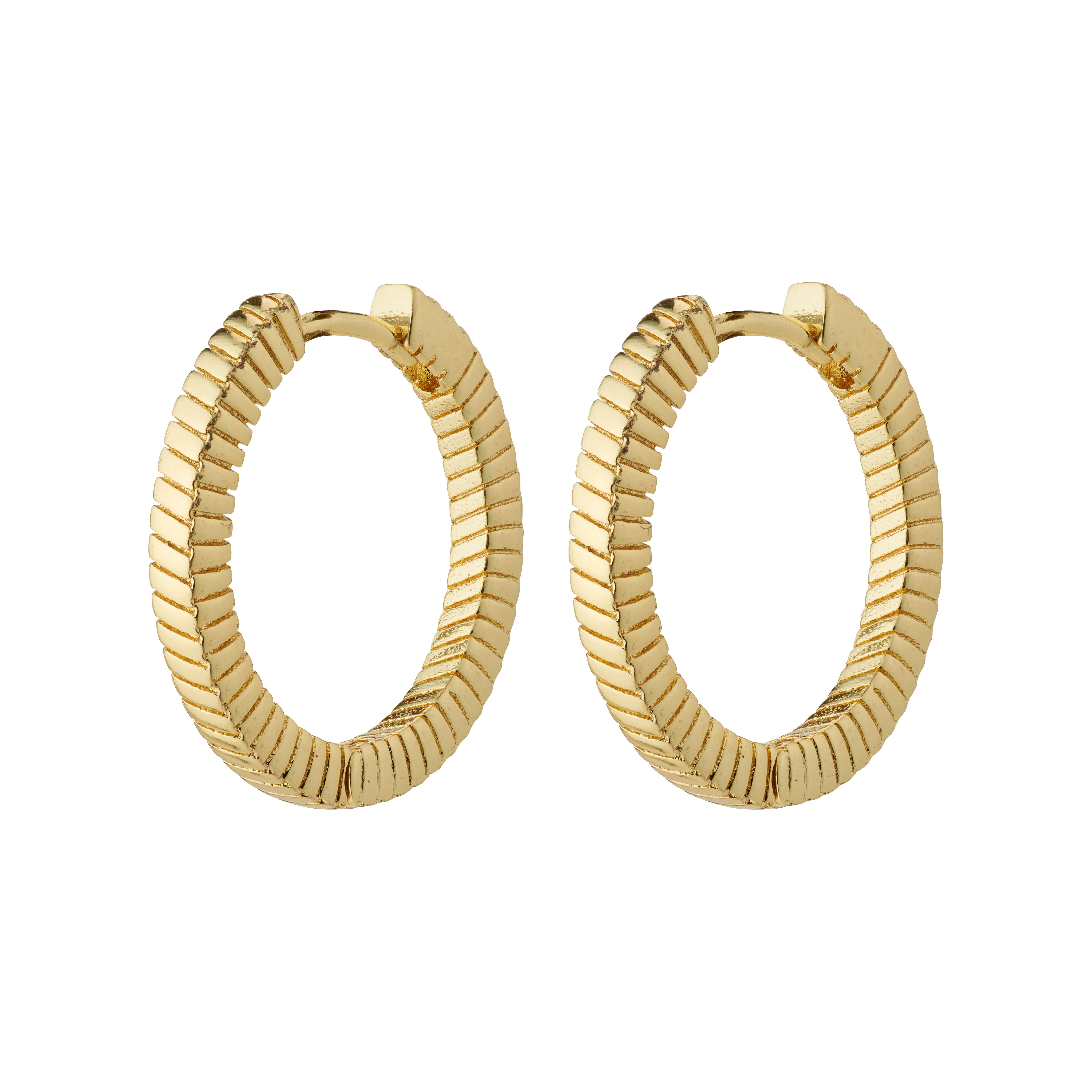 DOMINIQUE gold-plated hoop earrings feature a unique square snake design with shiny details and a click lock, crafted from 99% recycled materials by Pilgrim.