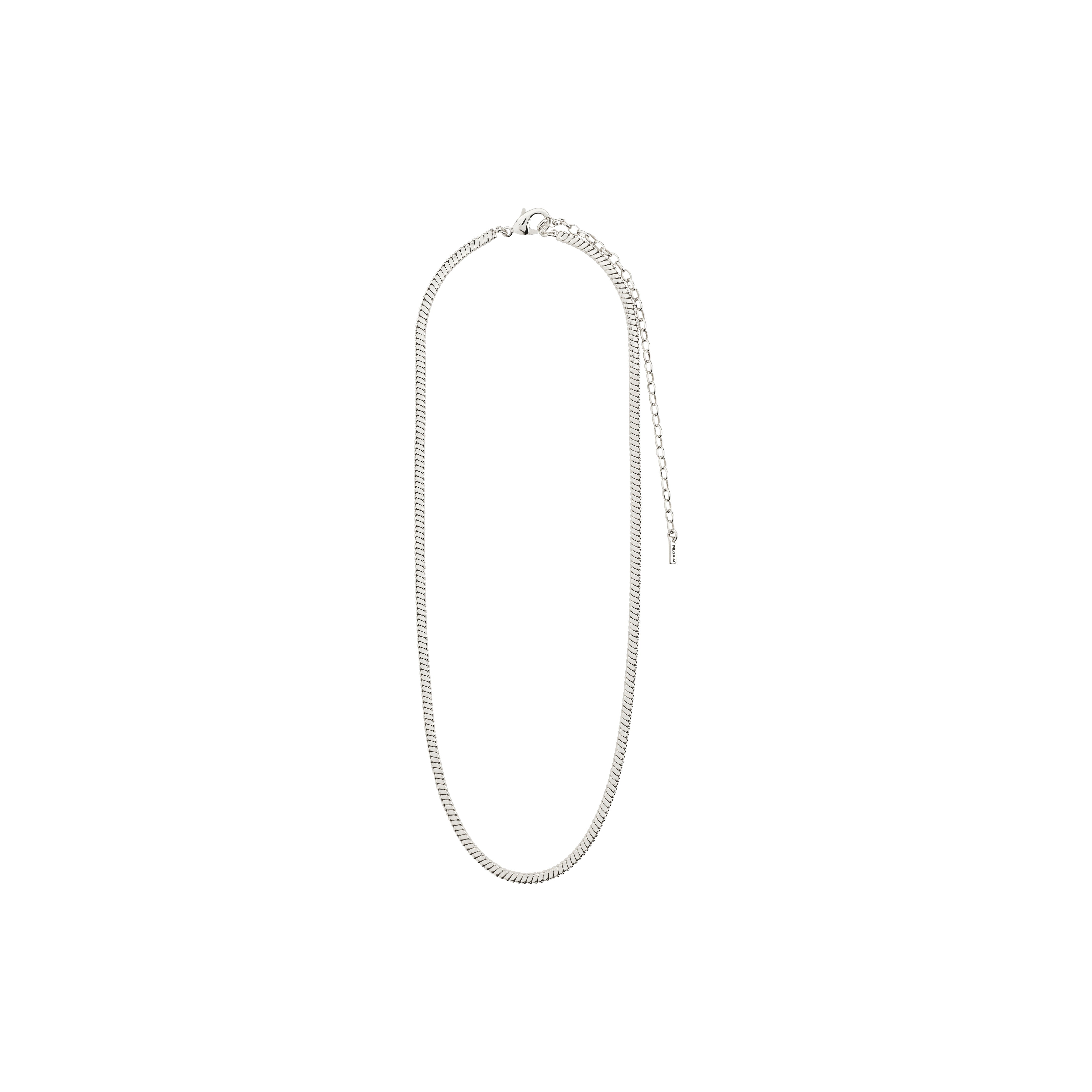 DOMINIQUE necklace silver-plated with a unique square snake chain, showcasing its stylish design. Perfect for layering, it measures 45 cm with a 12 cm extension.