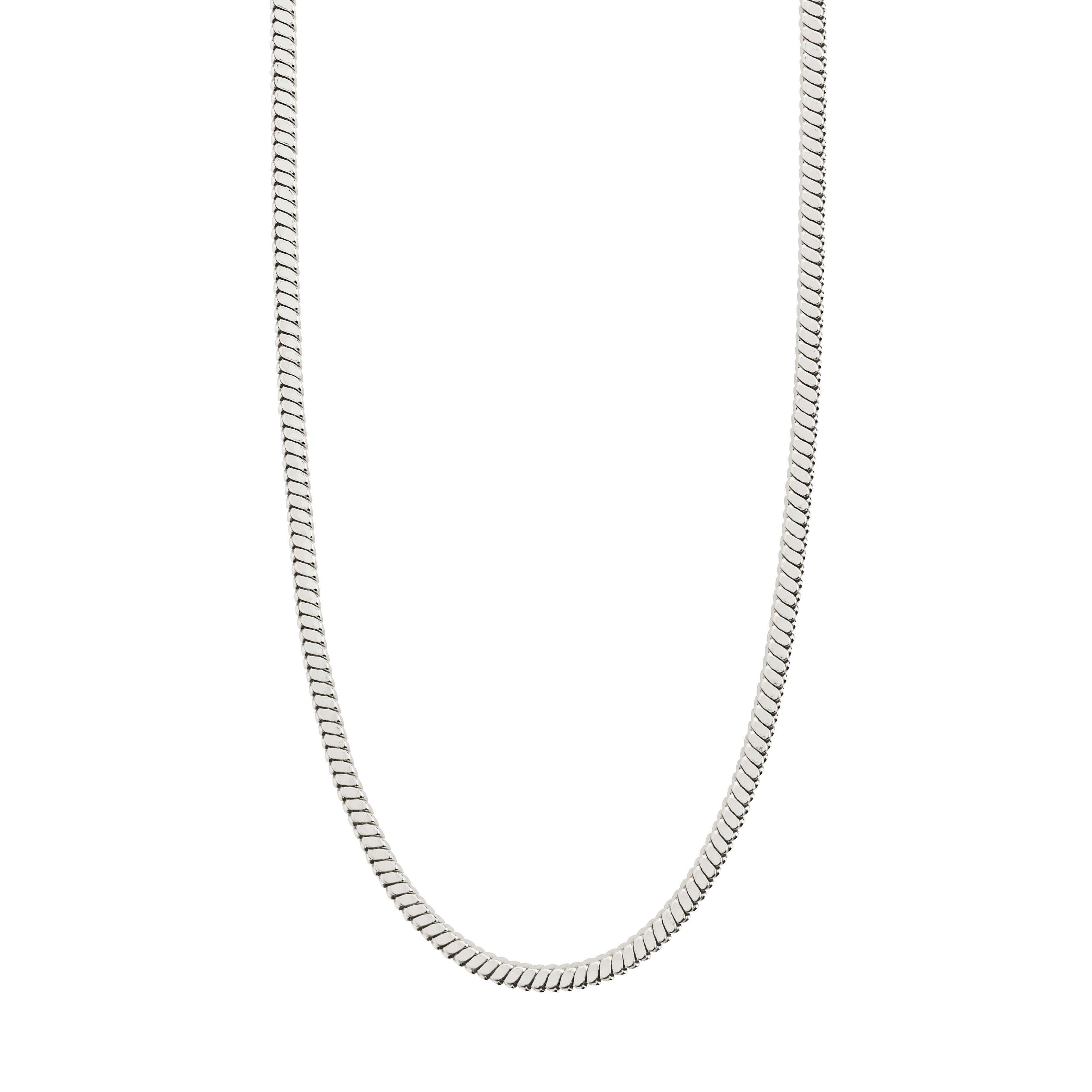 DOMINIQUE necklace silver-plated, features a sleek square snake chain, ideal for layering, suspended in a U-shape against a white background. Measures 45 cm plus 12 cm extension.