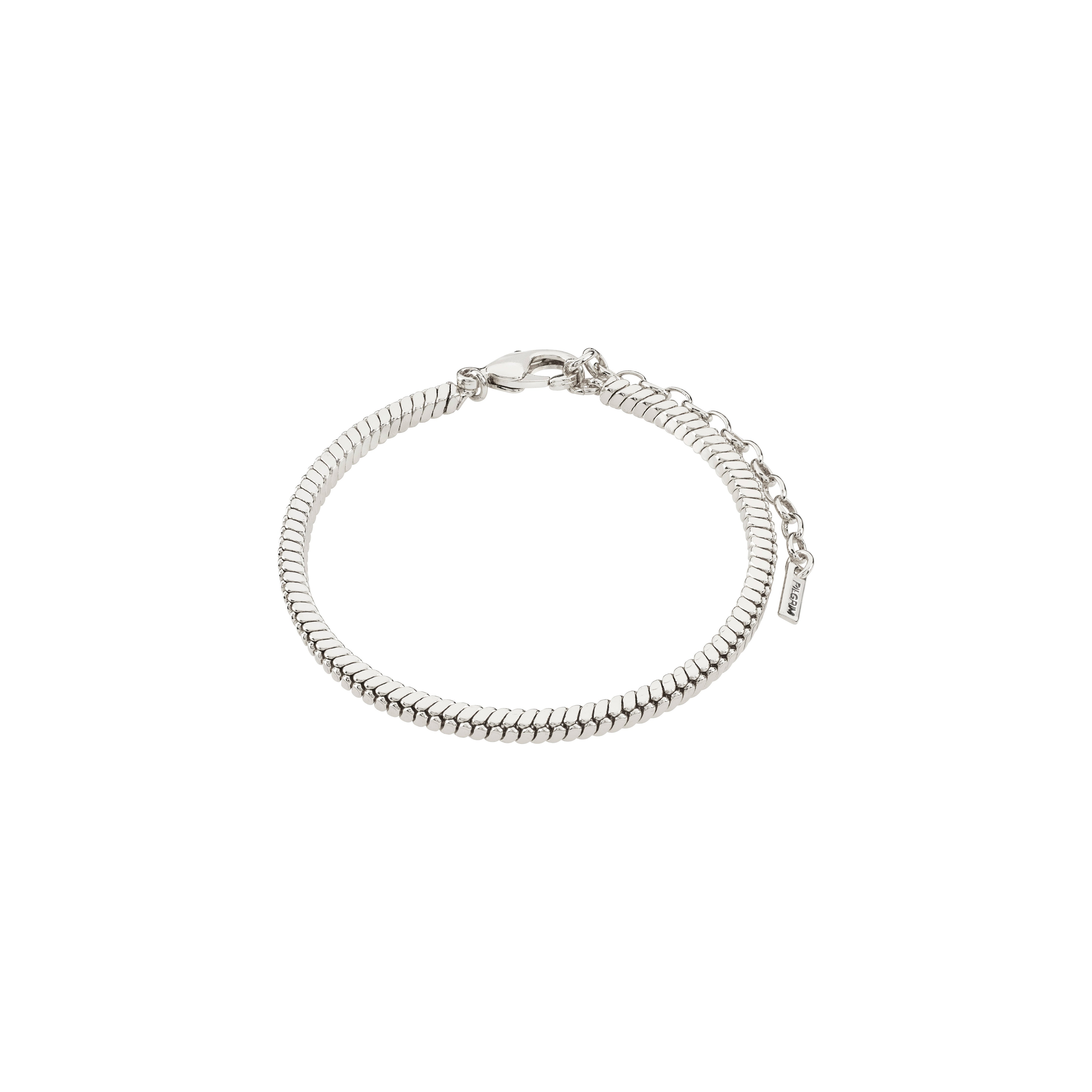 DOMINIQUE silver-plated bracelet featuring a square snake design with a shiny surface and lobster clasp, perfect for layered, genderless fashion.