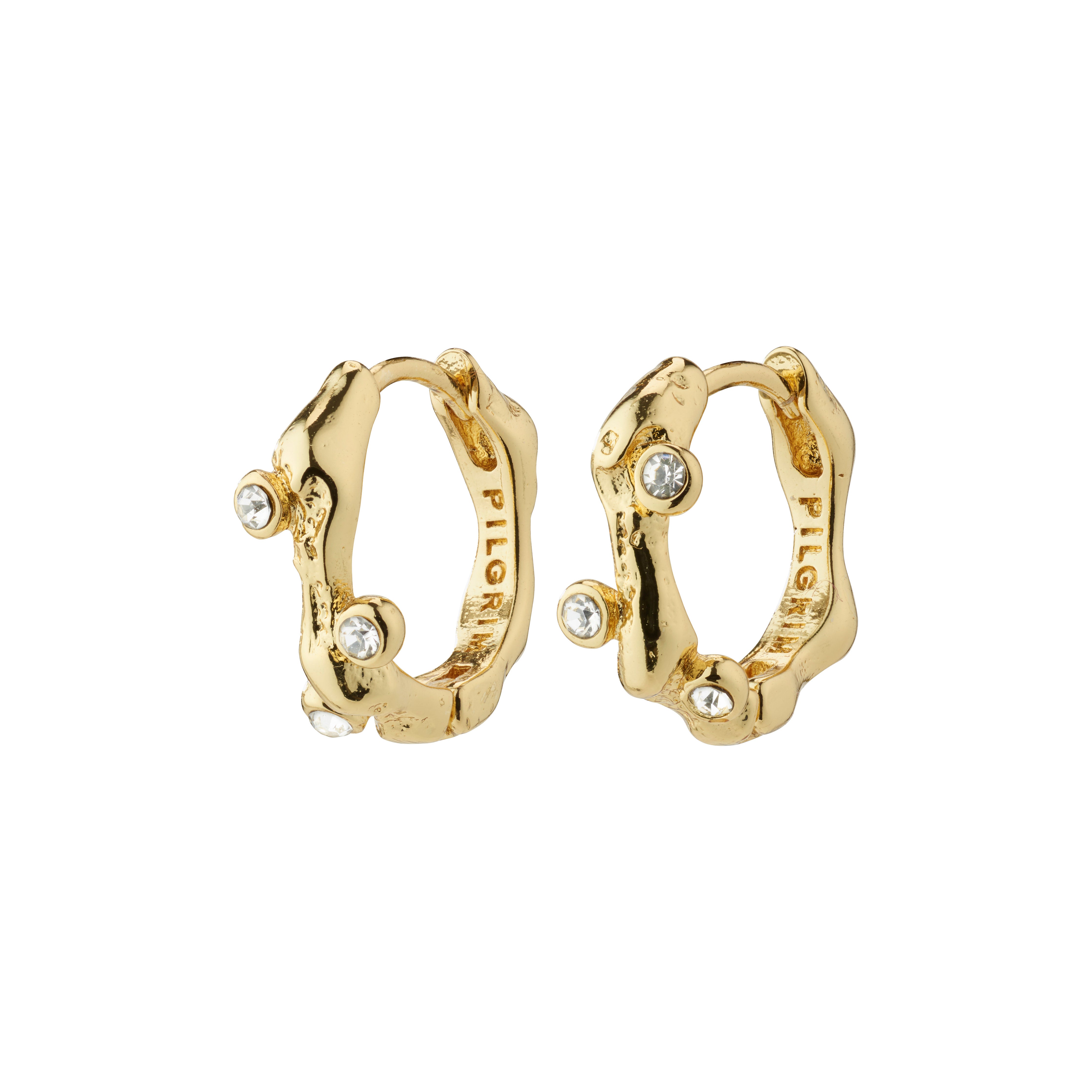 HERMIONE crystal hoop earrings, gold-plated, with a wavy, handcrafted look and sparkling Preciosa crystals, offering classy vibes for any occasion.