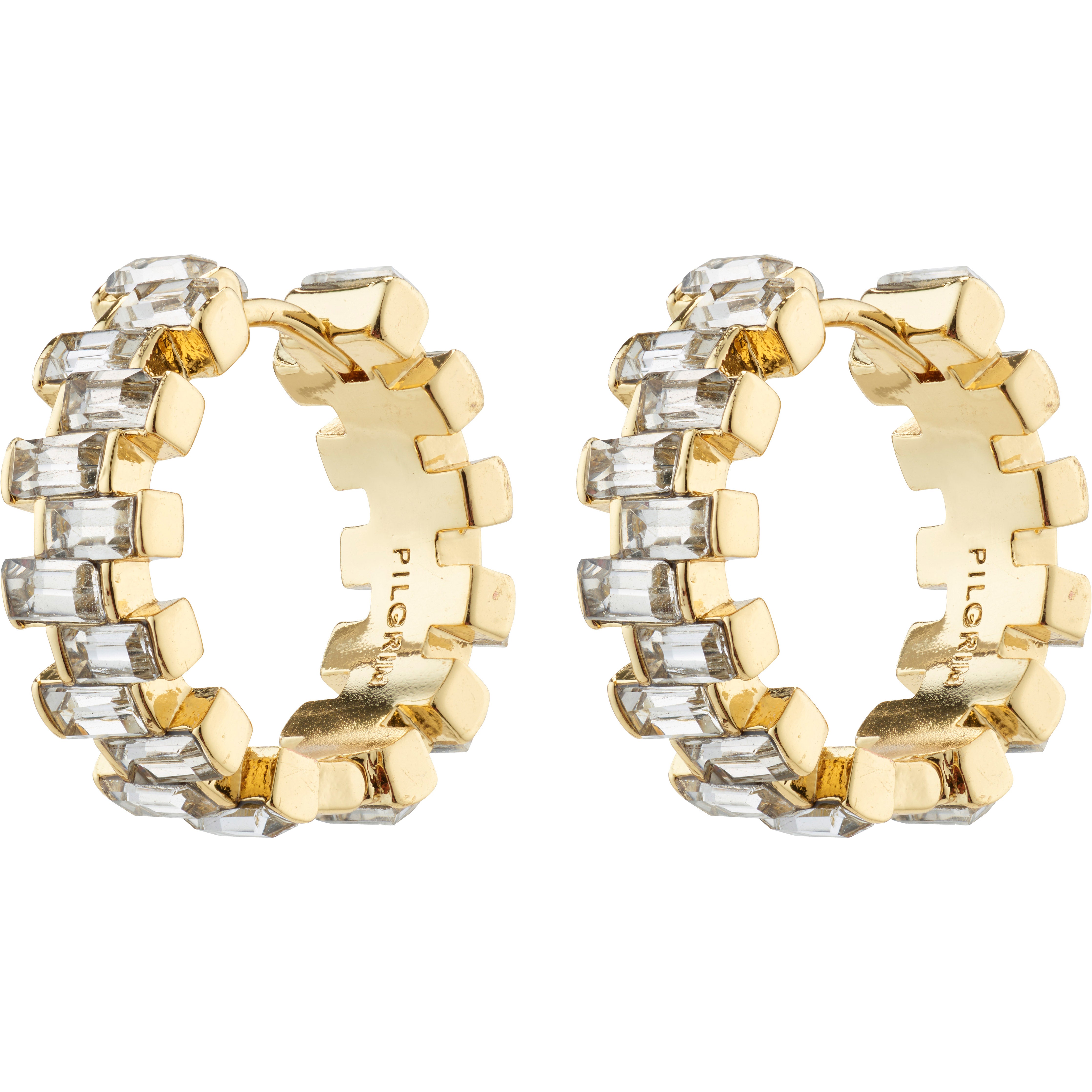 HELI crystal hoop earrings, gold-plated, featuring staggered light crystal stones, offering a stylish and sustainable touch from Pilgrim's collection.