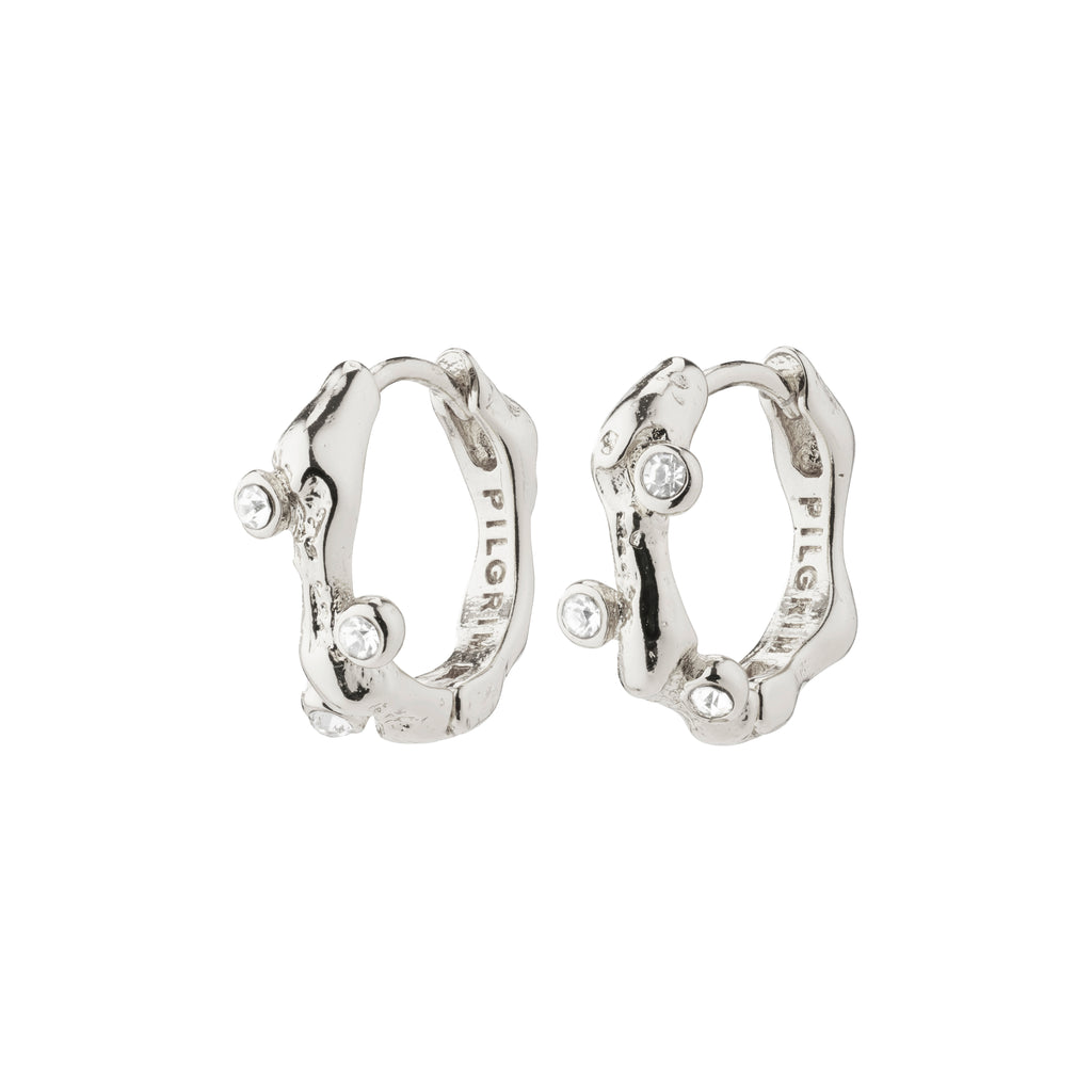 HERMIONE crystal hoop earrings, silver-plated with organic shapes and sparkling Preciosa crystals, offering a handcrafted appeal and elegant, trendy style from Pilgrim.