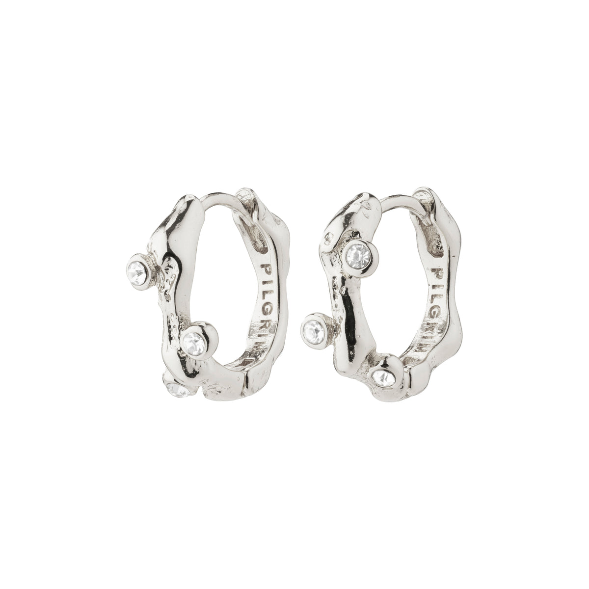 HERMIONE crystal hoop earrings, silver-plated with organic shapes and sparkling Preciosa crystals, offering a handcrafted appeal and elegant, trendy style from Pilgrim.