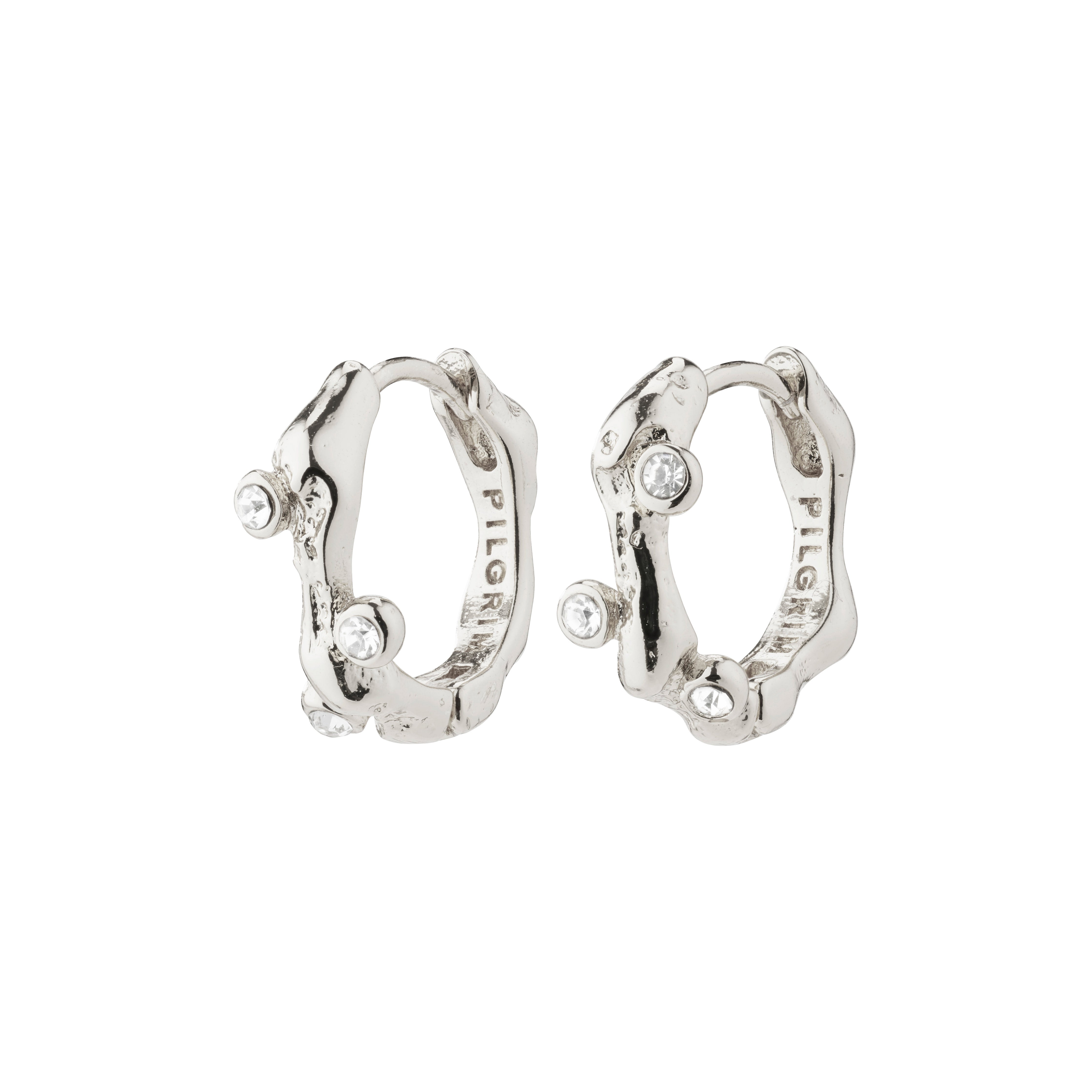 HERMIONE crystal hoop earrings, silver-plated with organic shapes and sparkling Preciosa crystals, offering a handcrafted appeal and elegant, trendy style from Pilgrim.