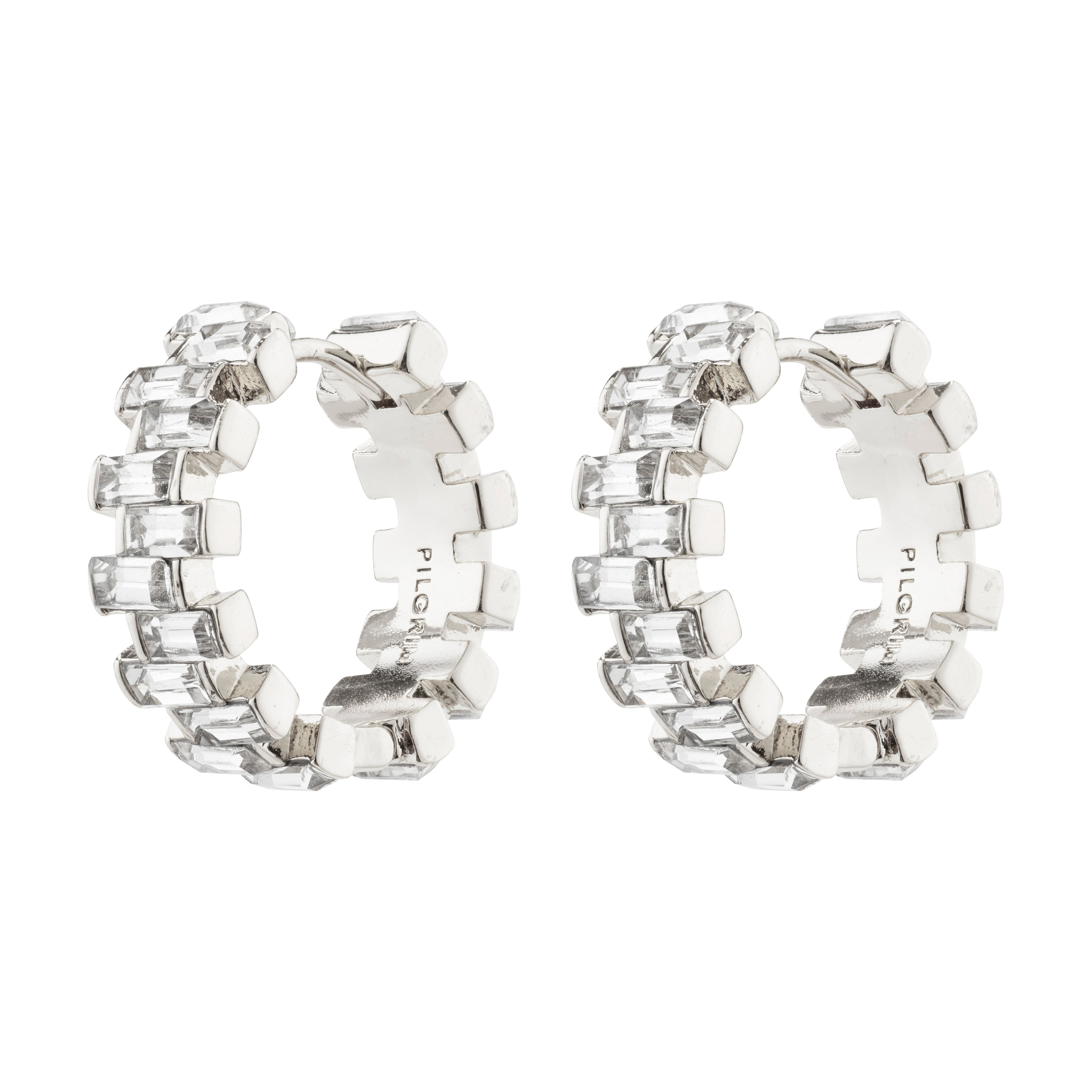 HELI crystal hoop earrings, silver-plated, featuring staggered light crystal stones for a classy look, crafted from 92% recycled materials by Pilgrim.