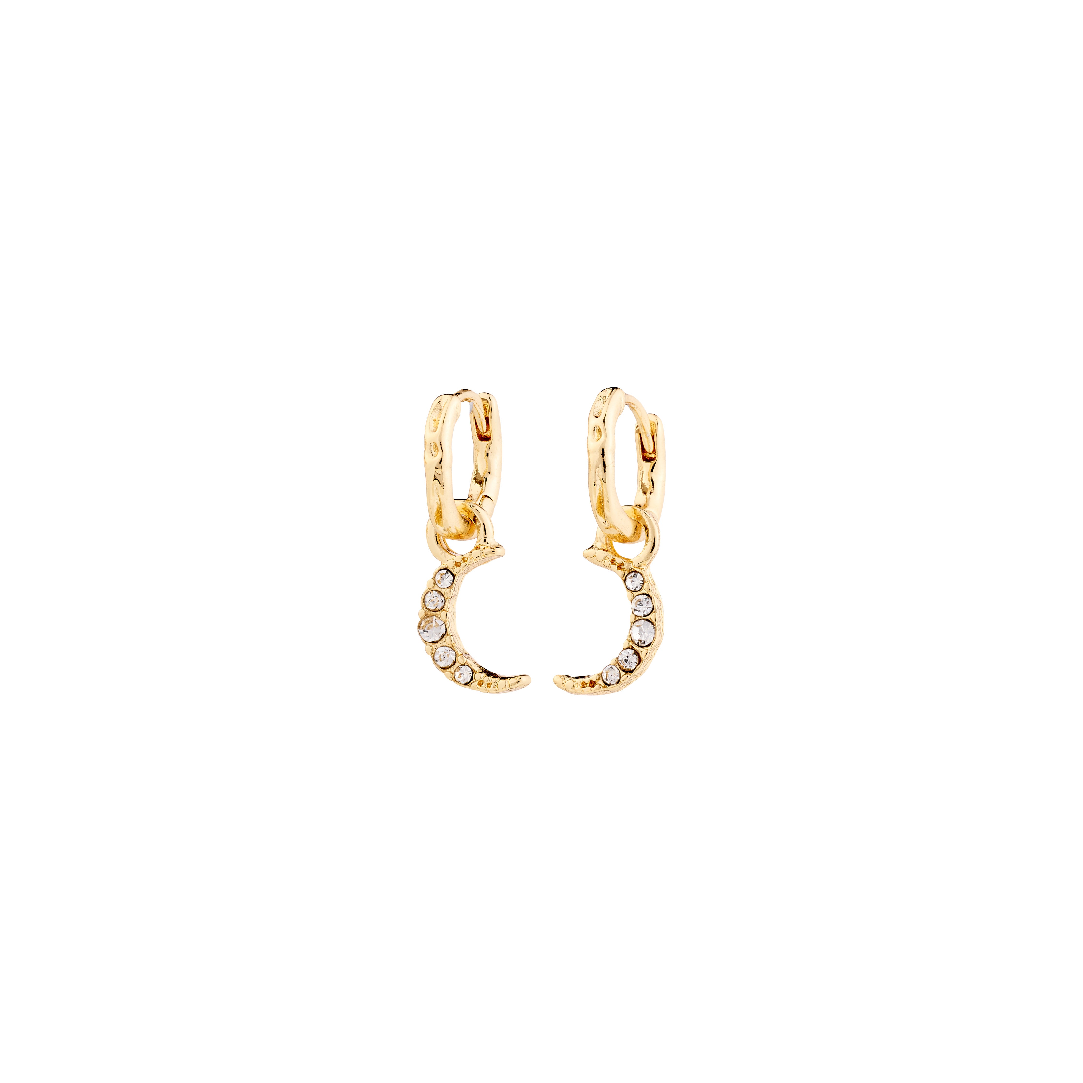 EVGENIA earrings gold-plated, featuring moon pendants adorned with Preciosa crystals, offer a luxe boho vibe. Crafted from 91% recycled materials with a convenient click clasp.