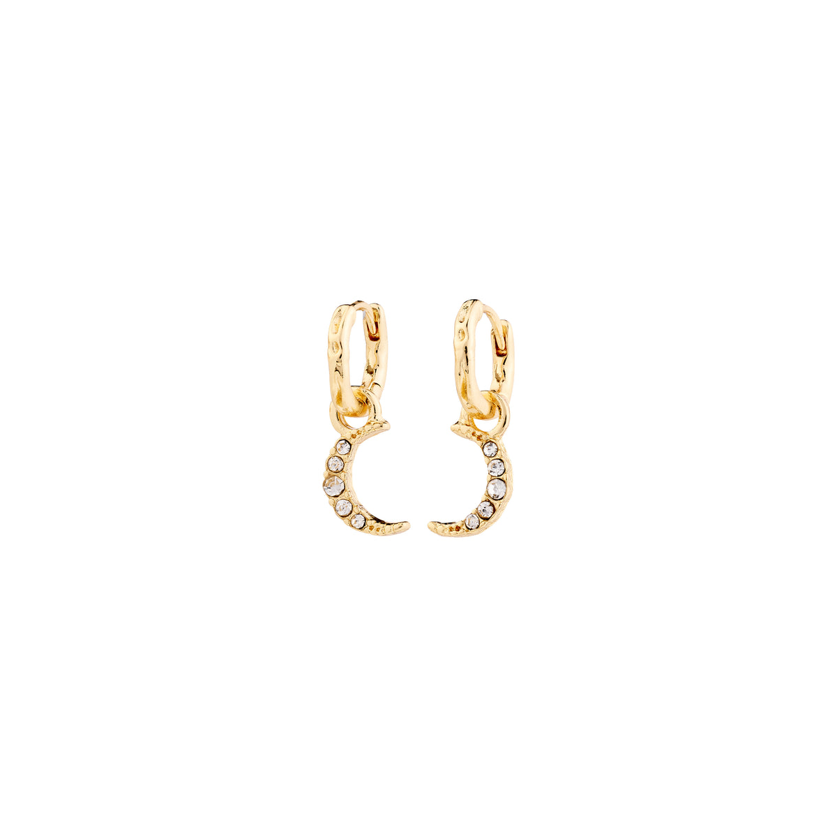 EVGENIA earrings gold-plated, featuring moon pendants adorned with Preciosa crystals, offer a luxe boho vibe. Crafted from 91% recycled materials with a convenient click clasp.