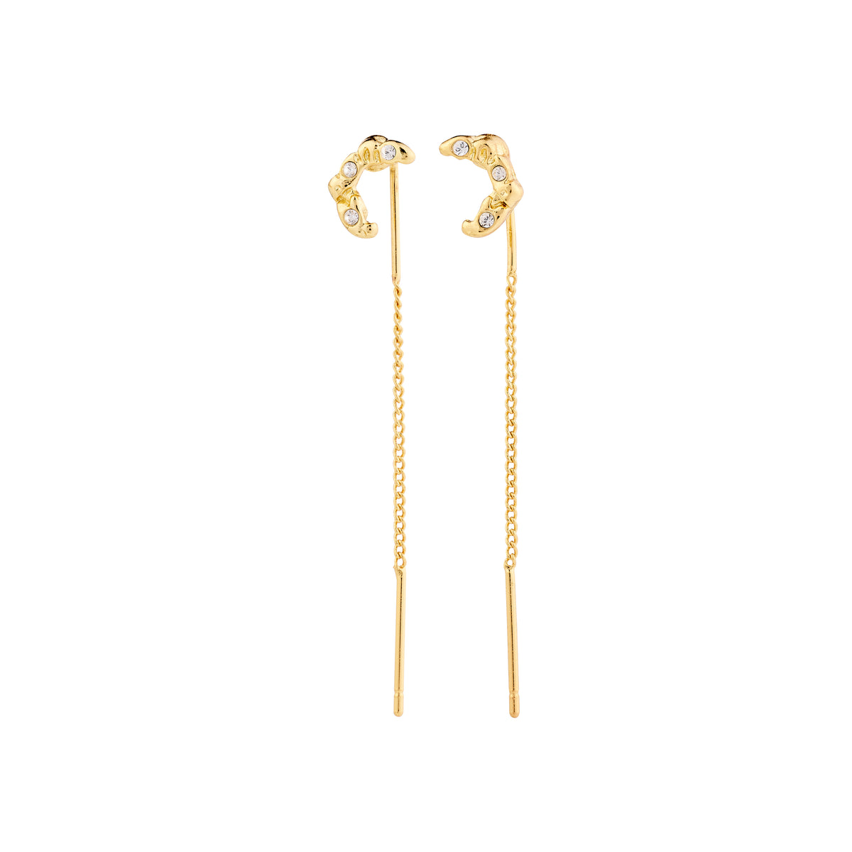 KORA moon chain earrings gold-plated, featuring stylish chains and moon symbols adorned with Preciosa crystals, made from 98% recycled materials.