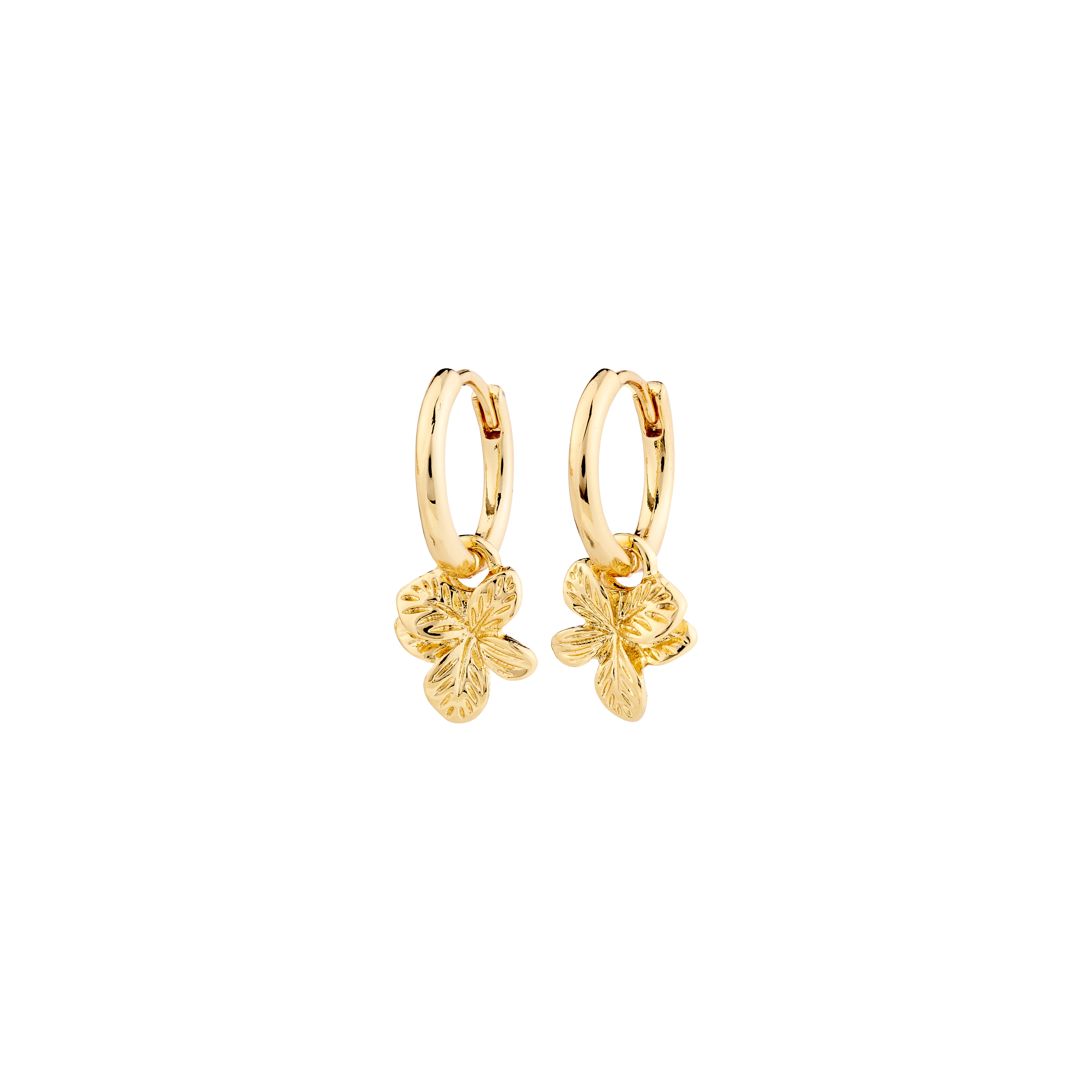 CHARMAINE gold-plated hoop earrings with flower pendants, featuring summery nature-inspired design, perfect for adding a classy touch to any outfit.
