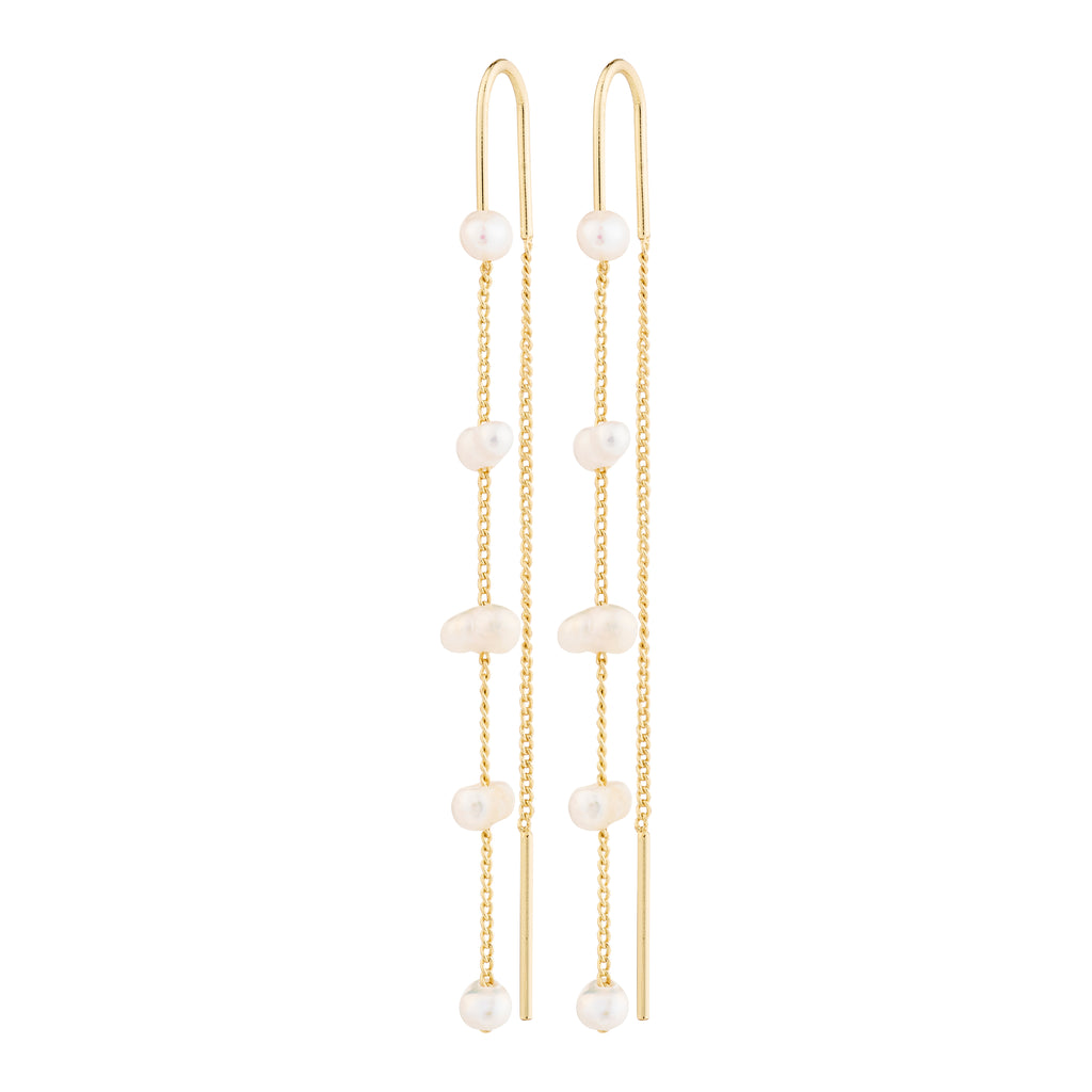 ZENAIA pearl chain earrings gold-plated, featuring elegant, long gold chains with delicate freshwater pearls, offering a sophisticated and timeless silhouette from Pilgrim.