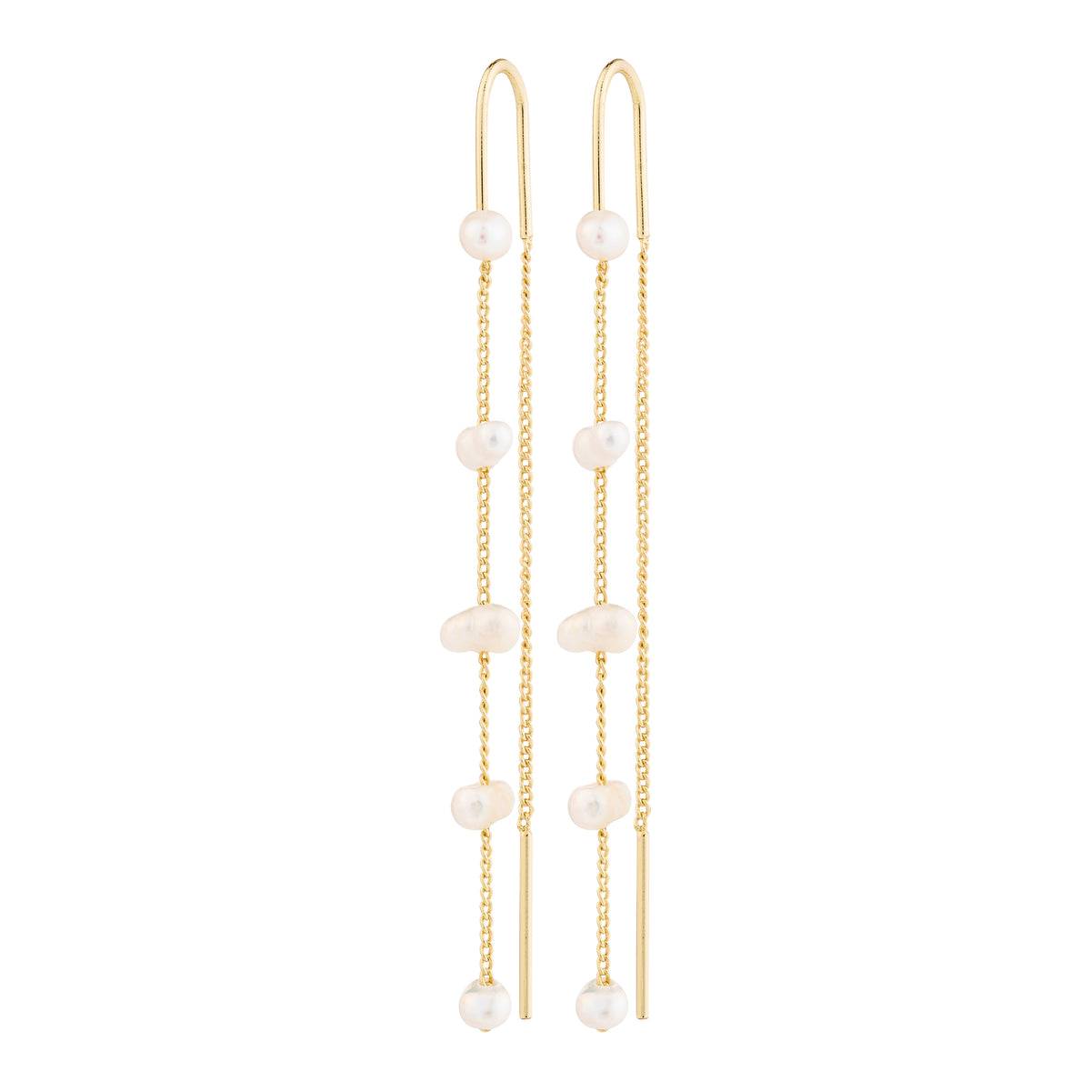 ZENAIA pearl chain earrings gold-plated, featuring elegant, long gold chains with delicate freshwater pearls, offering a sophisticated and timeless silhouette from Pilgrim.