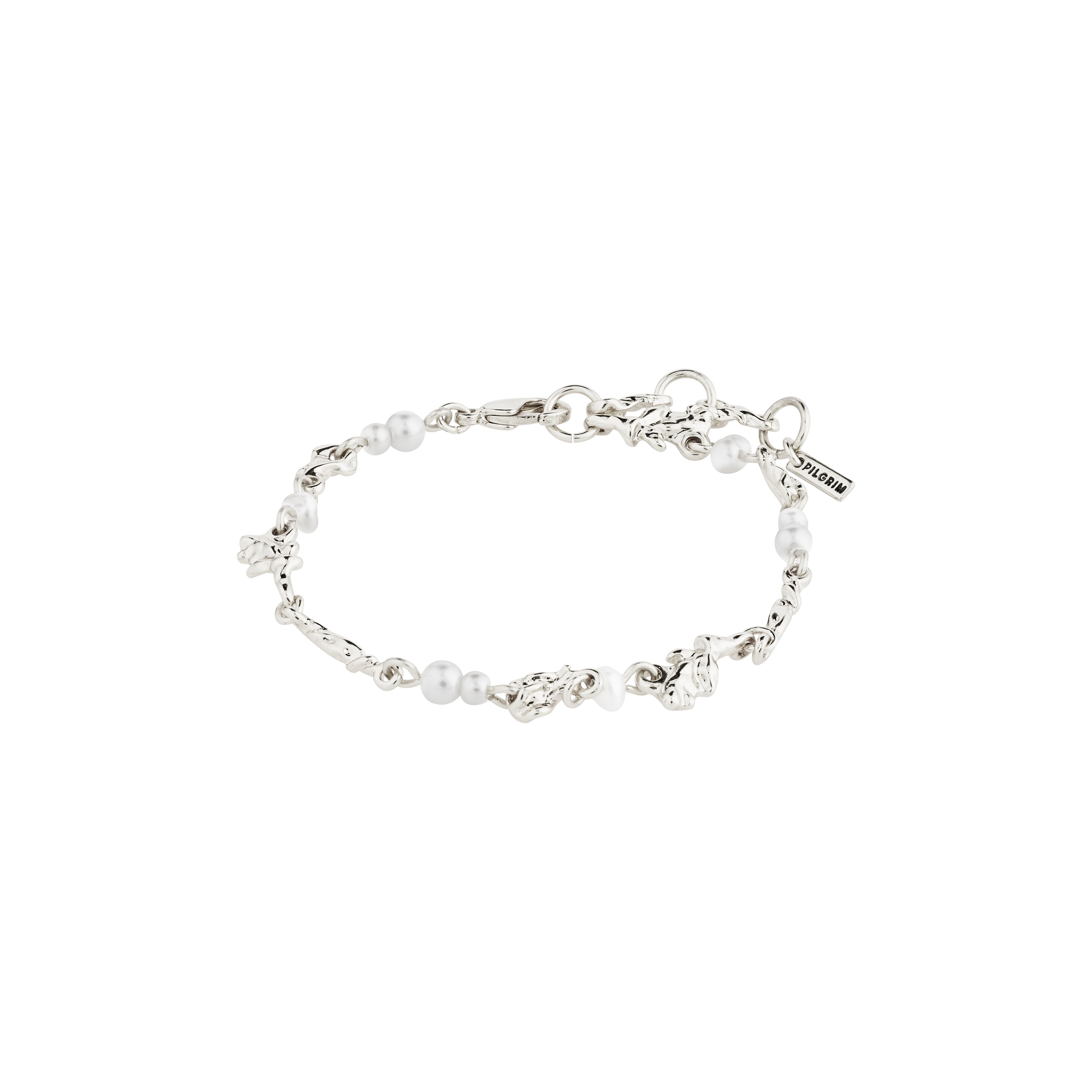 SLOAN bracelet silver-plated with white freshwater pearls and glass beads, featuring organic silver-plated pendants. Measures 16.5 cm with a 3 cm extension.