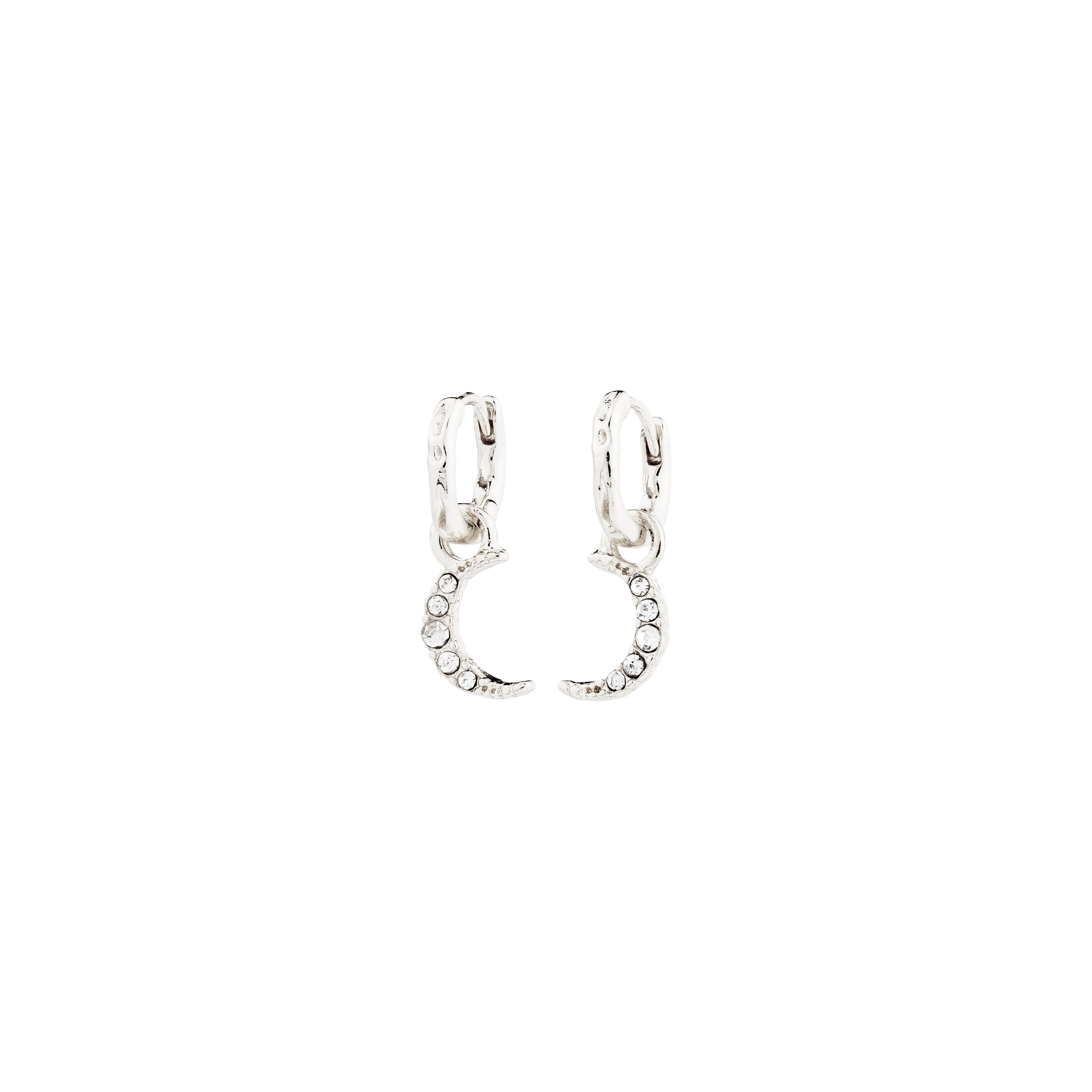 EVGENIA earrings silver-plated feature huggie hoops with moon pendants adorned with Preciosa crystals, offering a touch of luxurious boho style.