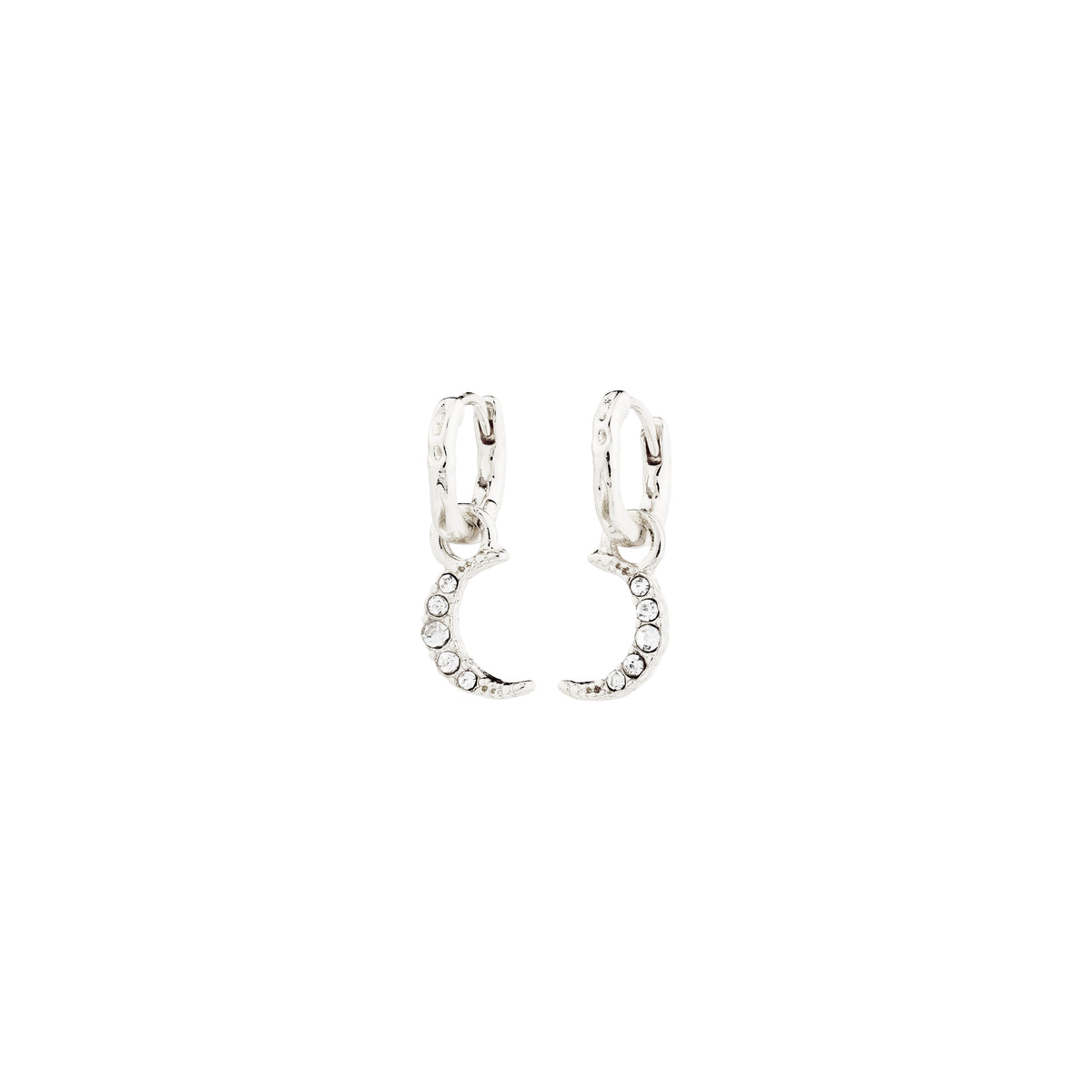 EVGENIA earrings silver-plated feature huggie hoops with moon pendants adorned with Preciosa crystals, offering a touch of luxurious boho style.