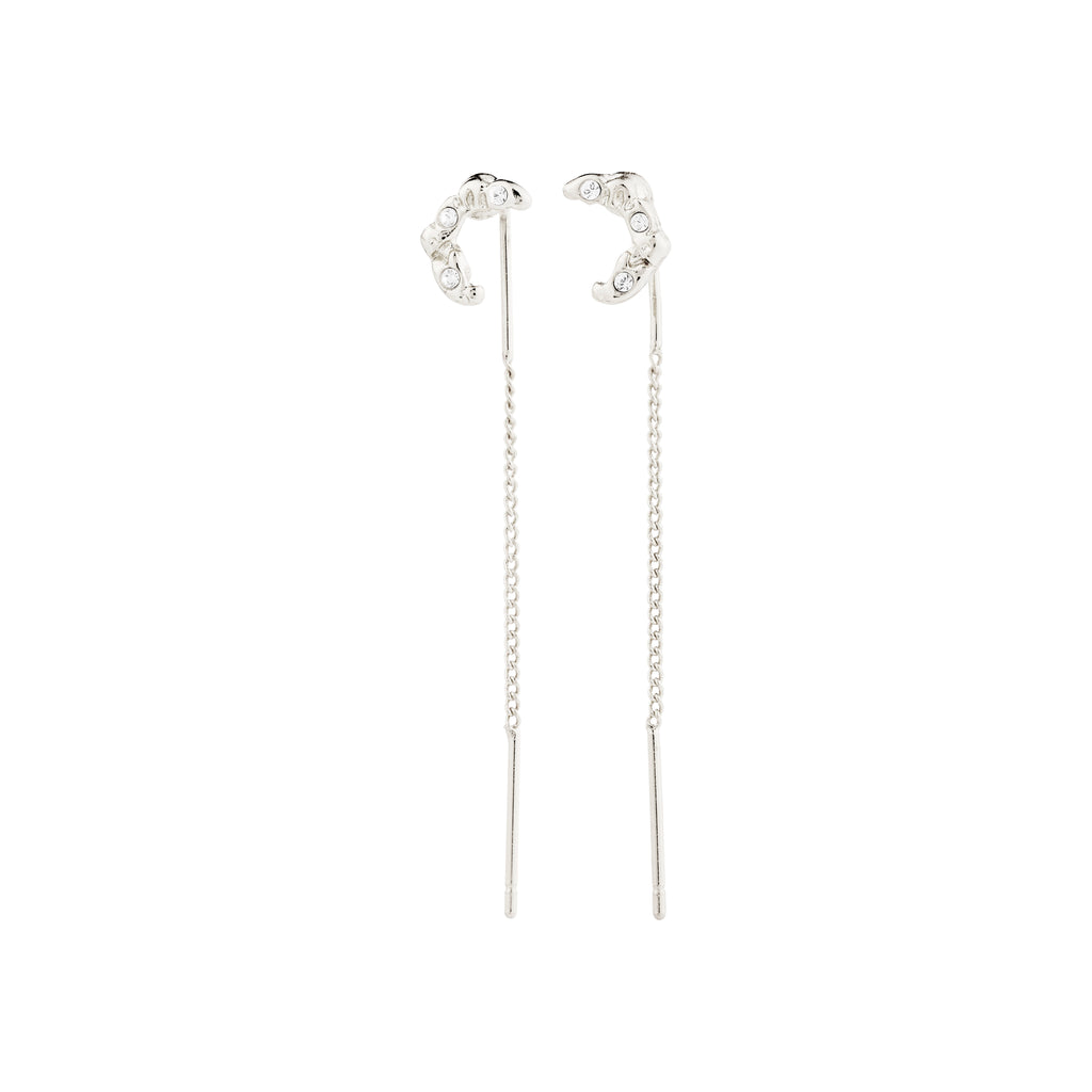 Silver-plated KORA moon chain earrings feature a stylish chain design with moon symbols adorned with sparkling Preciosa crystals, reflecting Pilgrim's sustainable craftsmanship.