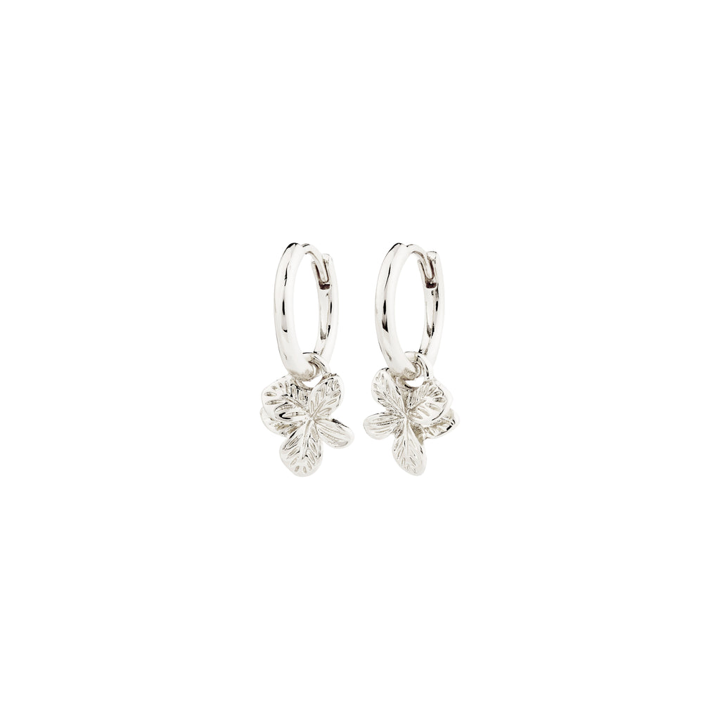 CHARMAINE hoop earrings, silver-plated with nature-inspired flower pendants from Pilgrim's Classic collection, offering a summery, elegant touch. Made from 99% recycled materials.