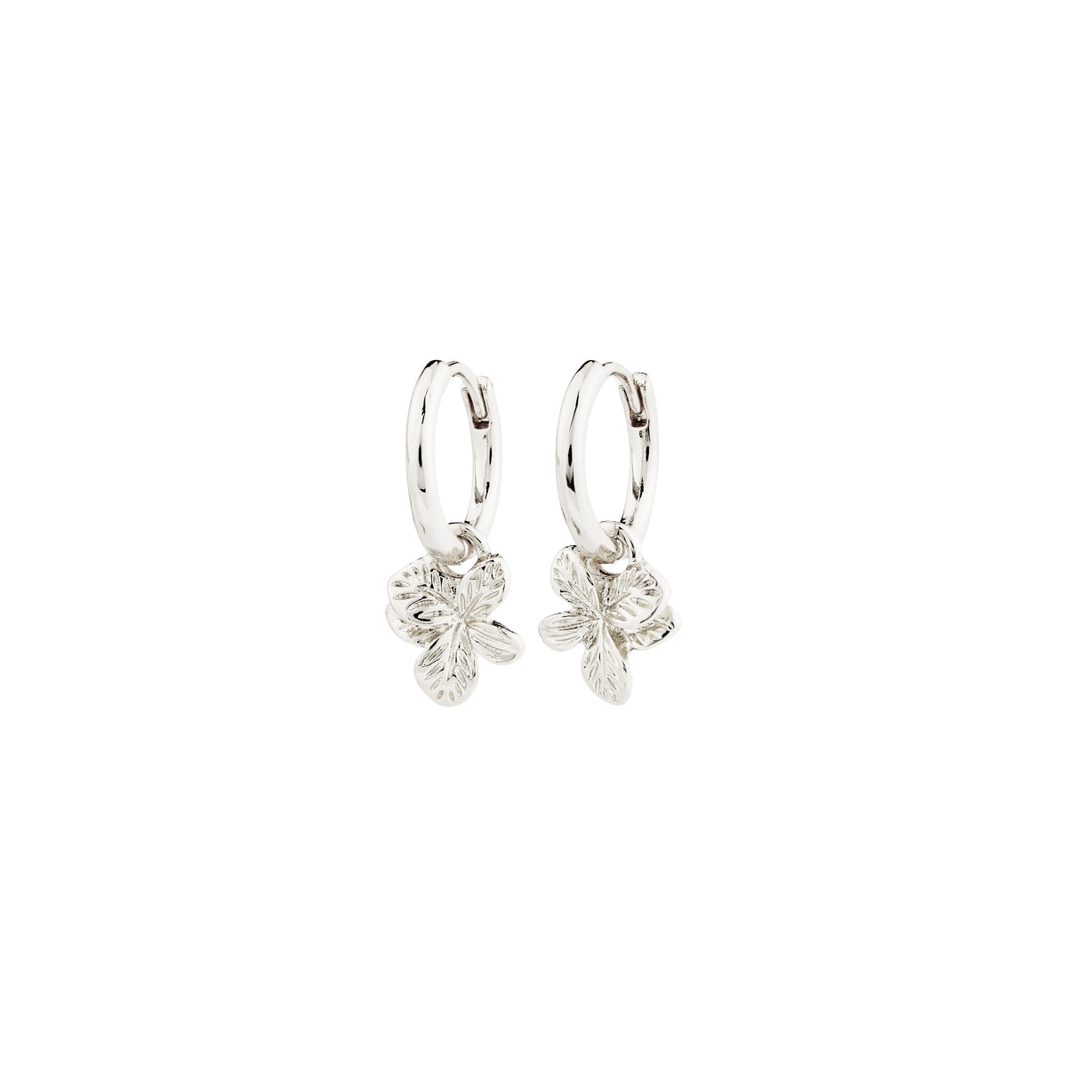 CHARMAINE hoop earrings, silver-plated with nature-inspired flower pendants from Pilgrim's Classic collection, offering a summery, elegant touch. Made from 99% recycled materials.