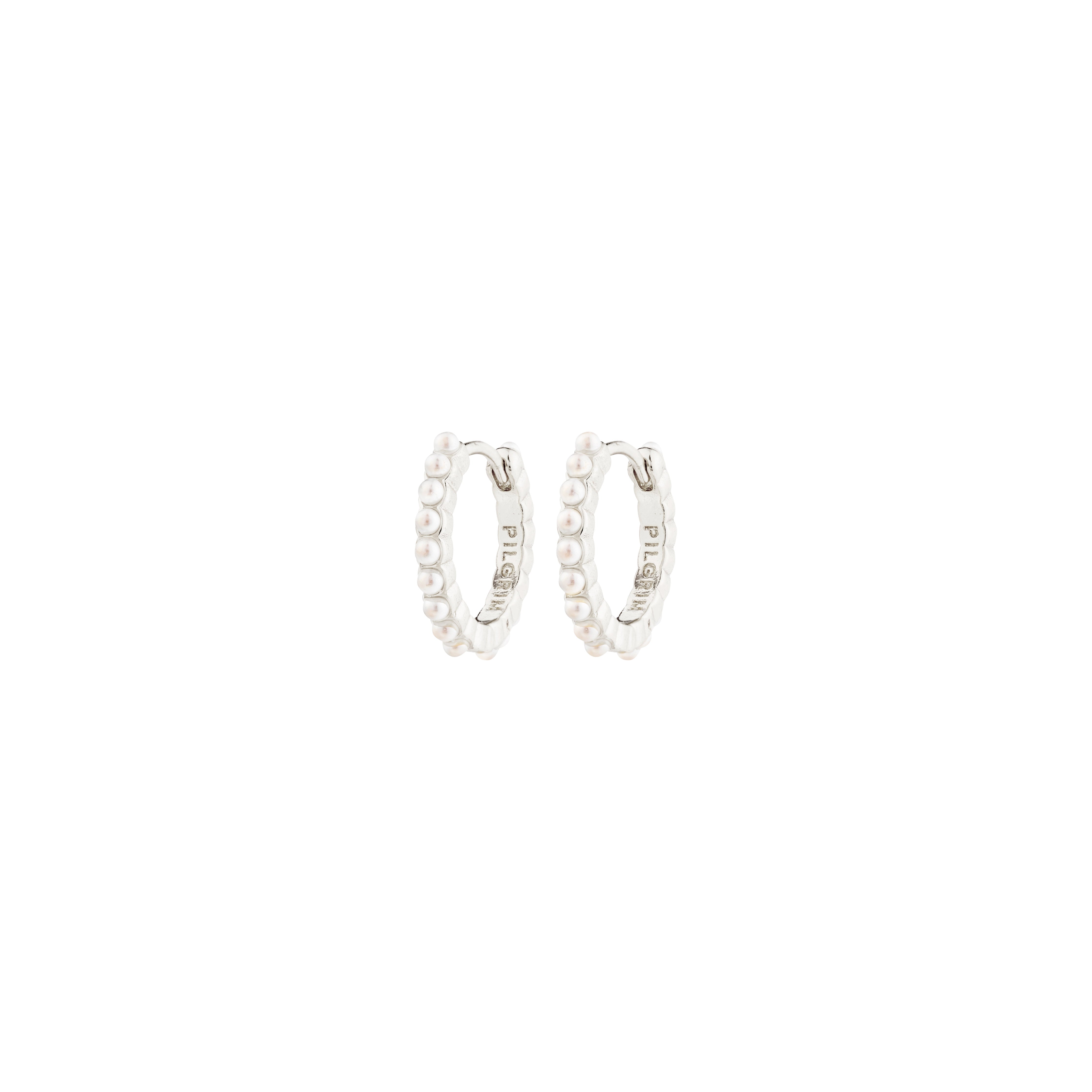 KALIA silver-plated hoop earrings with pearl accents, featuring a click clasp, from Pilgrim's Classic collection, offering a stylish, eco-friendly accessory for everyday wear.