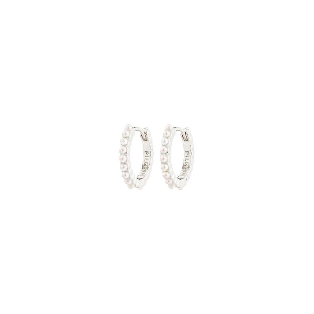 KALIA silver-plated hoop earrings with pearl accents, featuring a click clasp, from Pilgrim's Classic collection, offering a stylish, eco-friendly accessory for everyday wear.