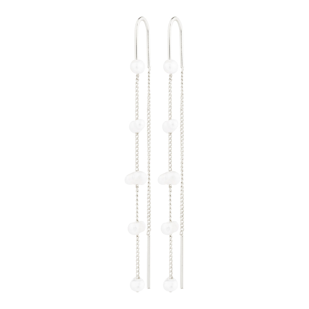 ZENAIA pearl chain earrings silver-plated feature long, elegant chains with petite freshwater pearls, perfect for adding sophistication to summer outfits.