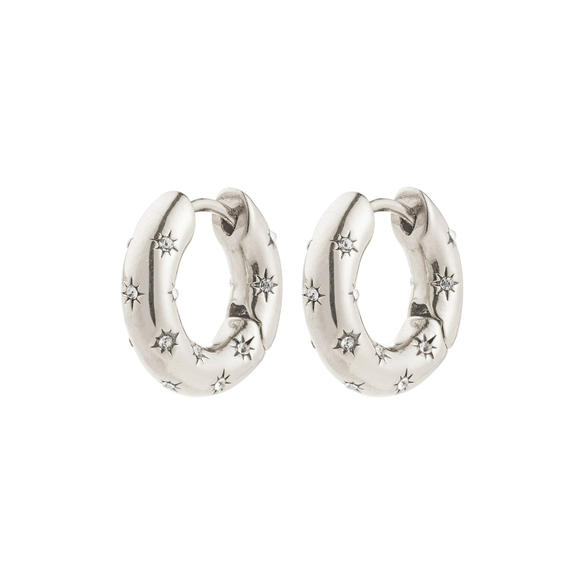 NEVAEH hoops, silver-plated chunky earrings with petite Preciosa crystals, featuring an easy click clasp, embodying starry night magic. Made with 97% recycled materials.