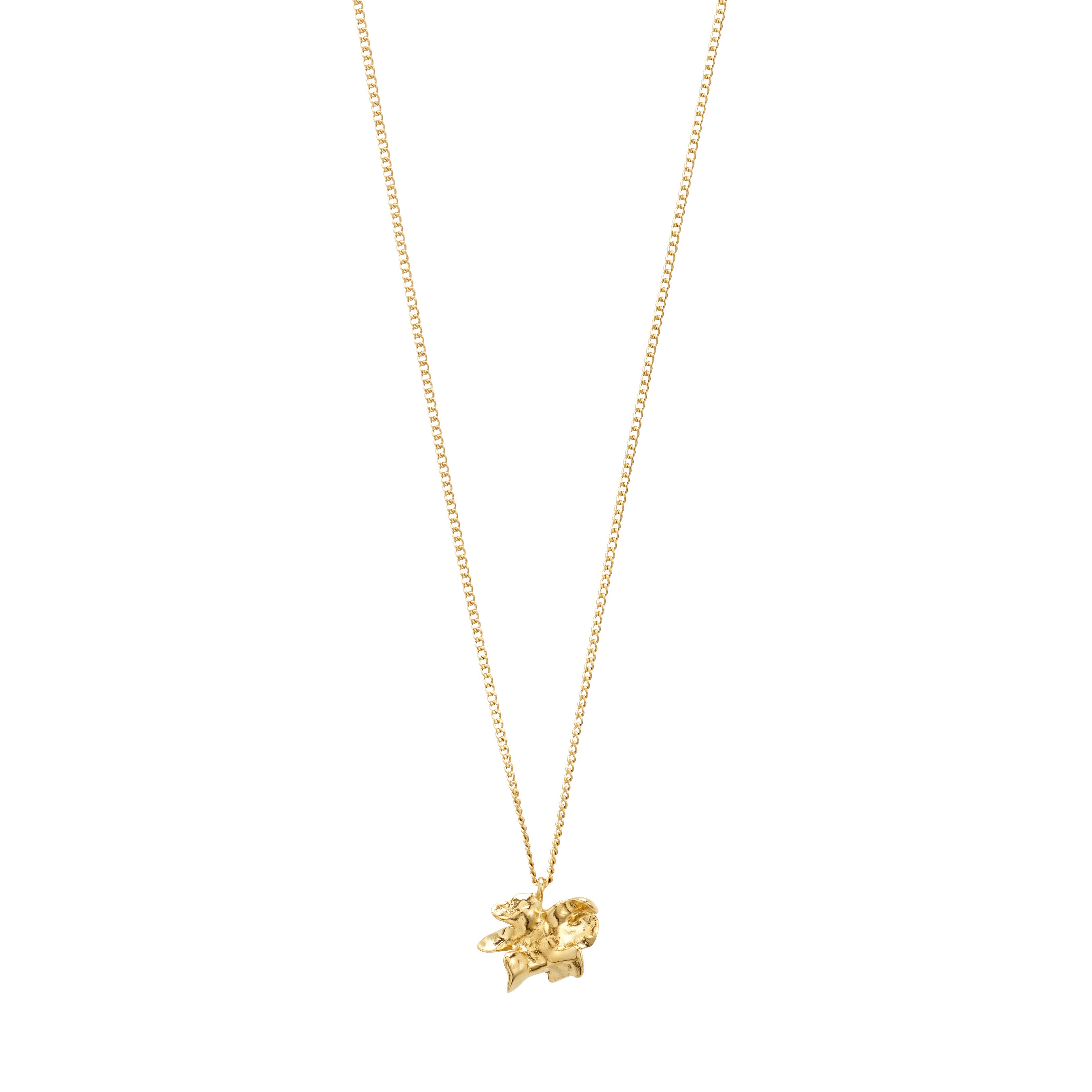 Gold-plated TIMBER necklace by Pilgrim, featuring a fine chain with an abstract organic flower pendant, measuring 40 cm with a 9 cm extension.