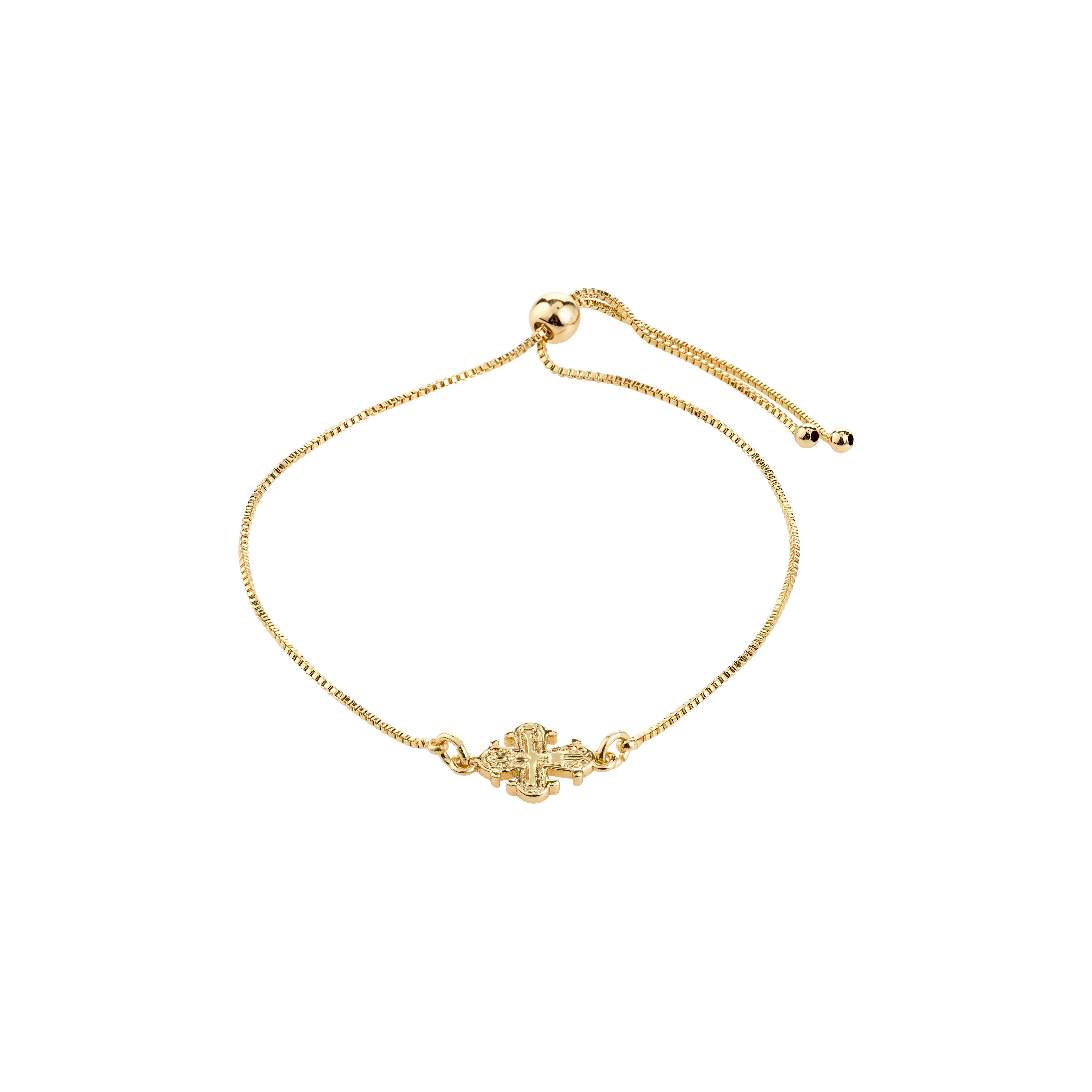 DAGMAR bracelet gold-plated, featuring a cross pendant on an elegant gold chain, offering adjustable fit. Inspired by Danish heritage, ideal for meaningful, stylish wear.