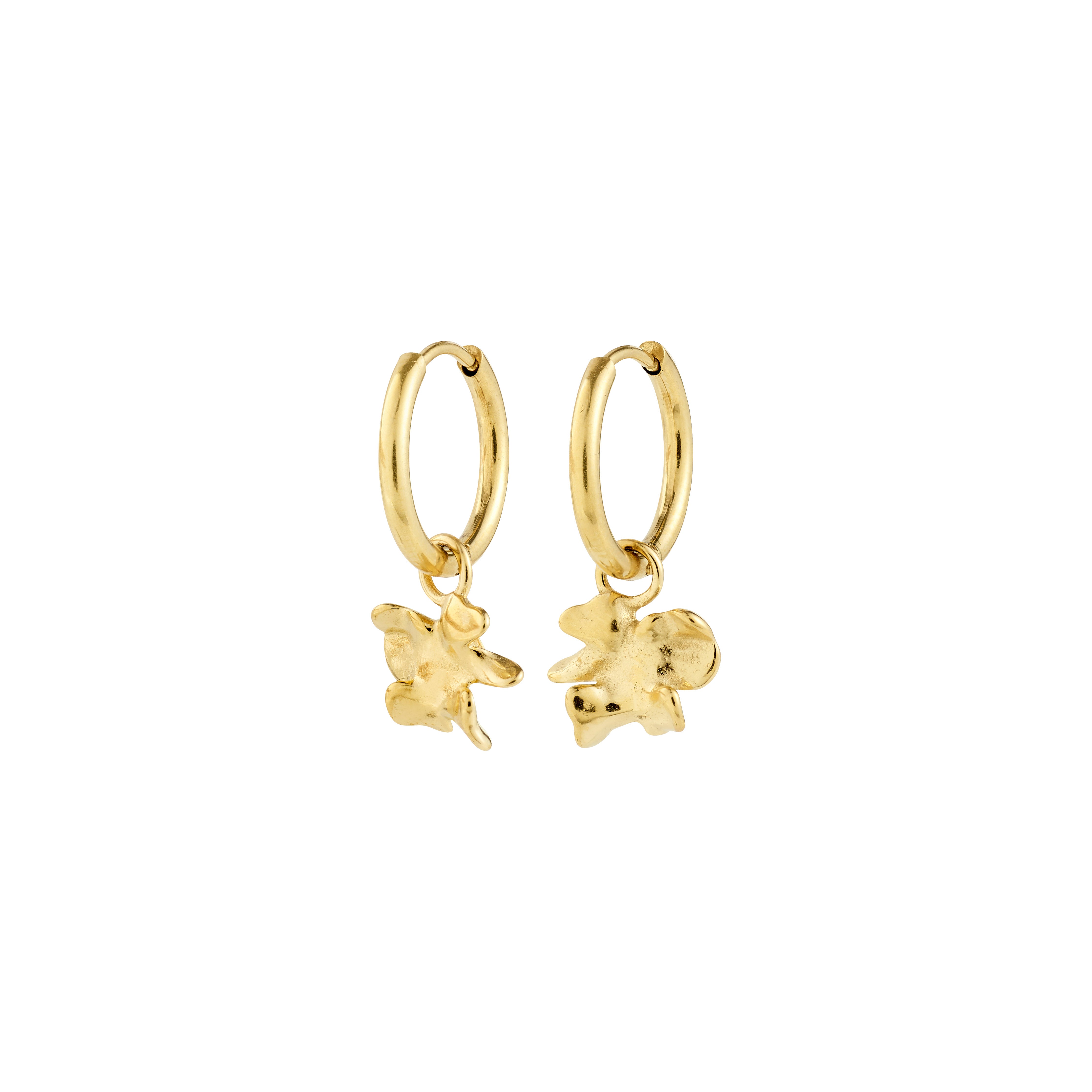TIMBER earrings gold-plated, featuring small hoops with abstract animal-shaped charms, offering a poetic touch. Ideal for versatile styling with easy click-locks.