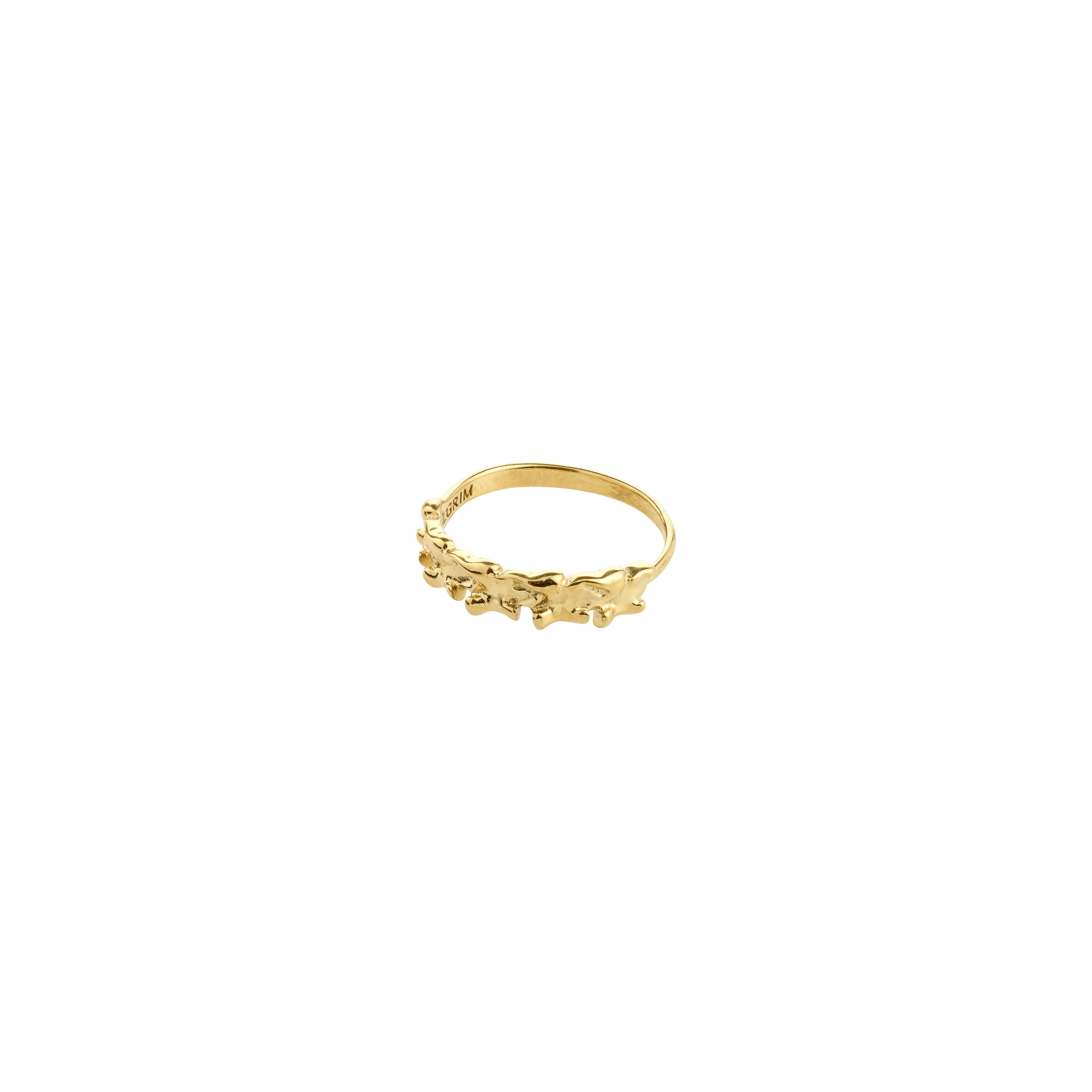 Gold-plated TIMBER ring with textured, abstract floral details on a thin band, inspired by nature's organic shapes. Adjustable size, perfect for stacking.