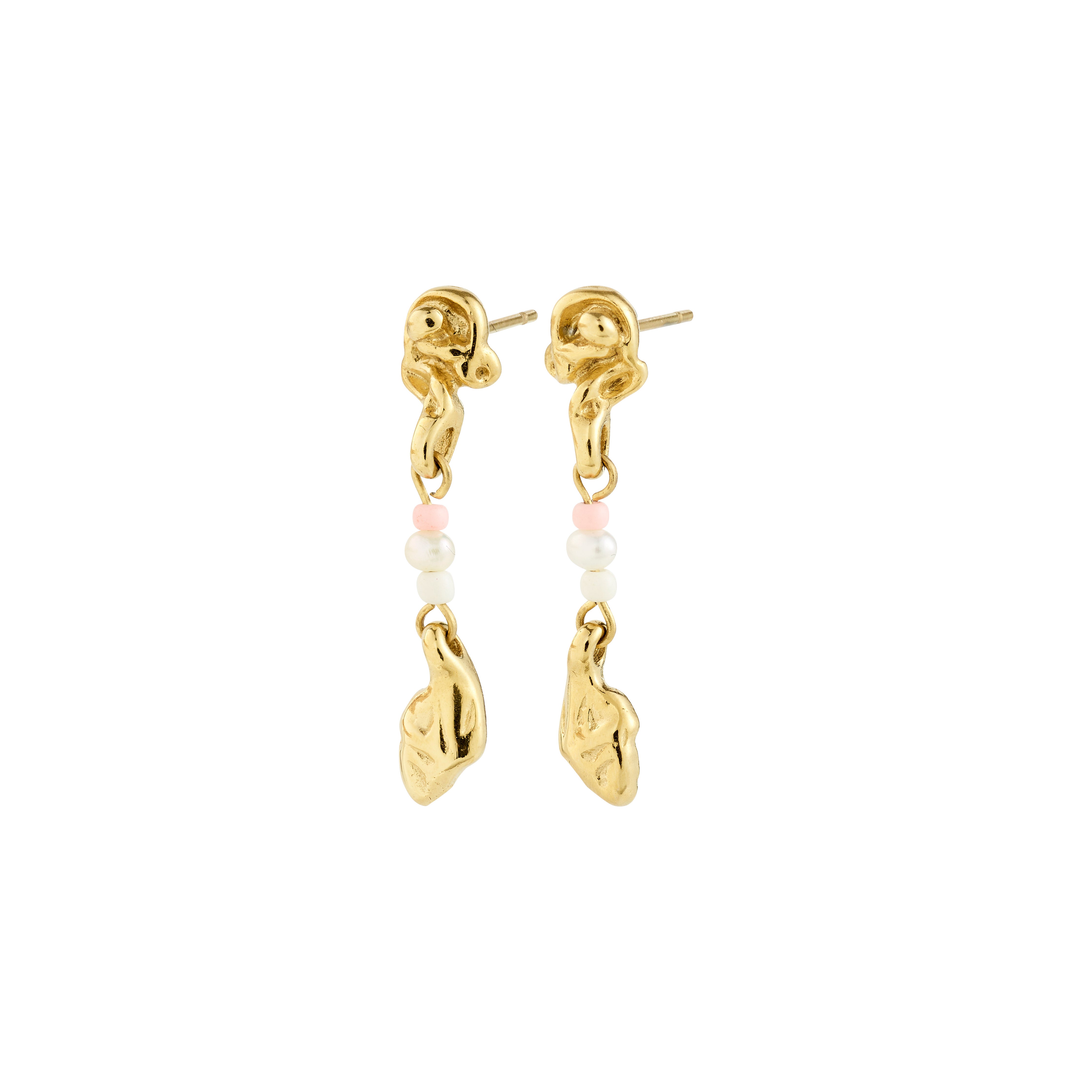 SEQUOIA earrings gold-plated featuring organic gold-tone studs, pink and white bead drops, and nugget-style pendants, exuding romantic, whimsical elegance.