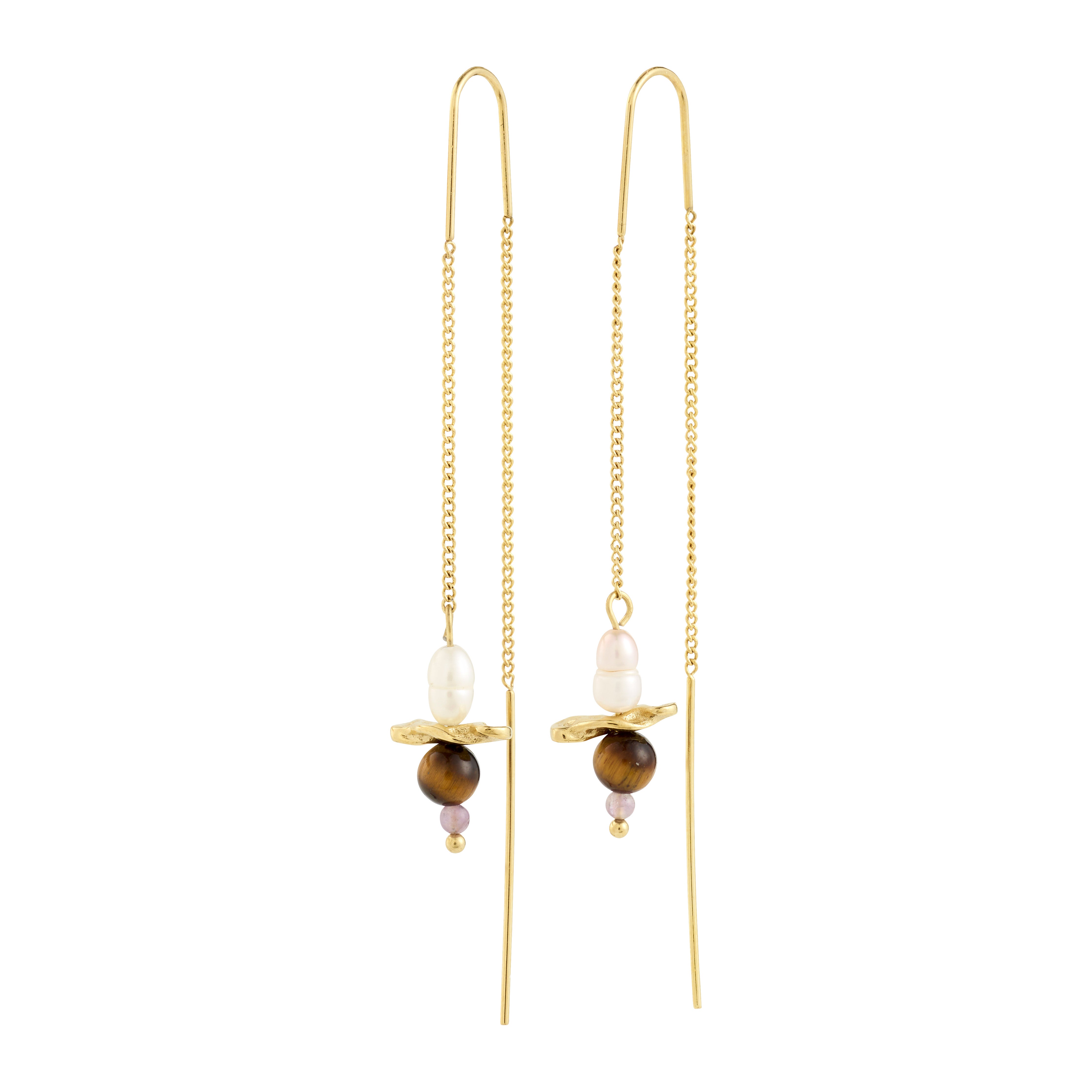 SEQUOIA chain earrings gold-plated feature delicate threader-style chains with gold leaf accents, freshwater pearls, tiger's-eye, and pink stone beads, exuding a playful, handcrafted feel.