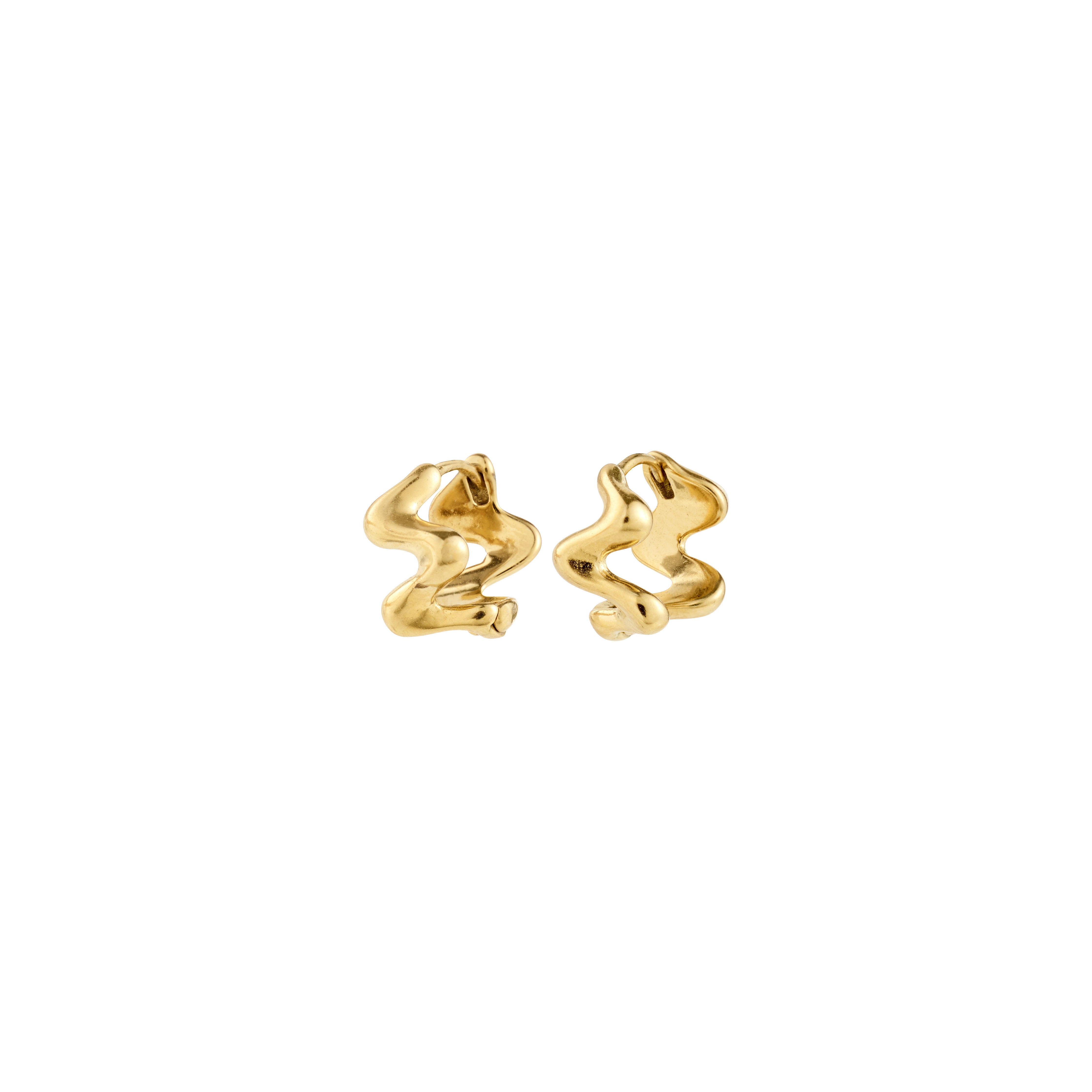AIKO earring gold-plated: Abstract wavy design, resembling molten metal, offering a modern, bold twist on classic hoops with secure click locks for everyday elegance.