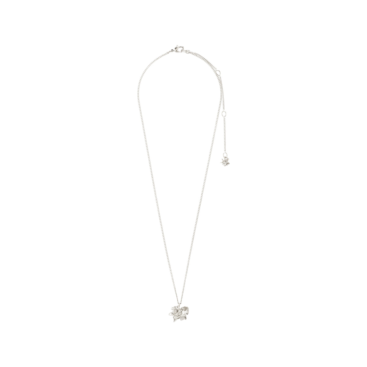 TIMBER necklace silver-plated with a fine chain, flower pendant, and adjustable extender, reflecting minimalist, nature-inspired design for versatile styling.